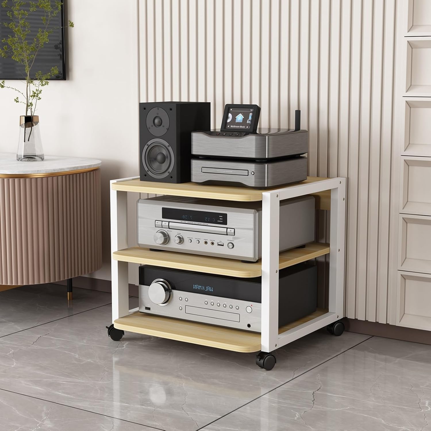 3-Tier AV Media Players Stand Movable Wooden Shelves Corner TV Stand Amplifier Rack Audio Stand Stereo Component Cabinet Multi-Function Open Storage Shelf for Home/Office/Theater (Color : D)