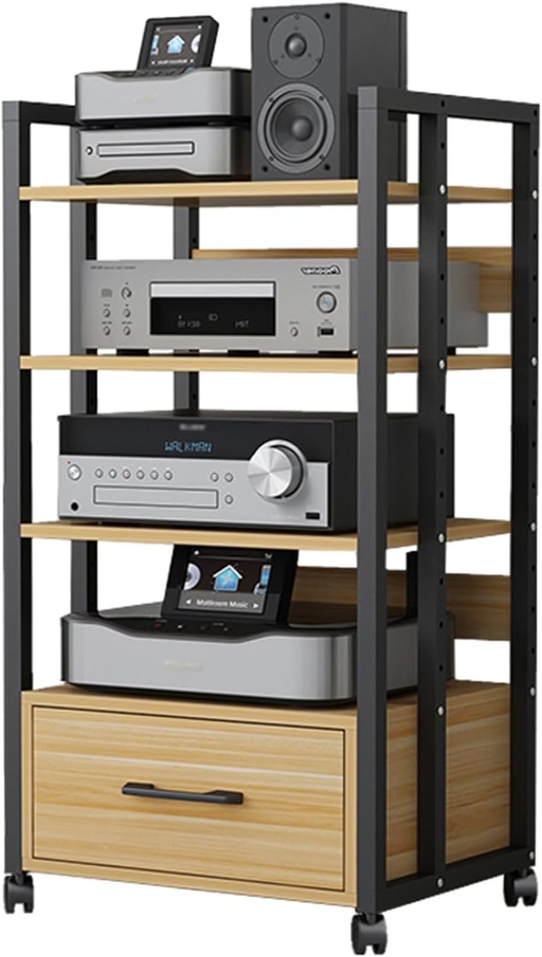 4 Tier Movable AV Media Stand DVD CD Player Stand Stereo Component Cabinet Audio Rack Tower with Height Adjustable Wooden Shelves and Drawer for Home/Office/Theater