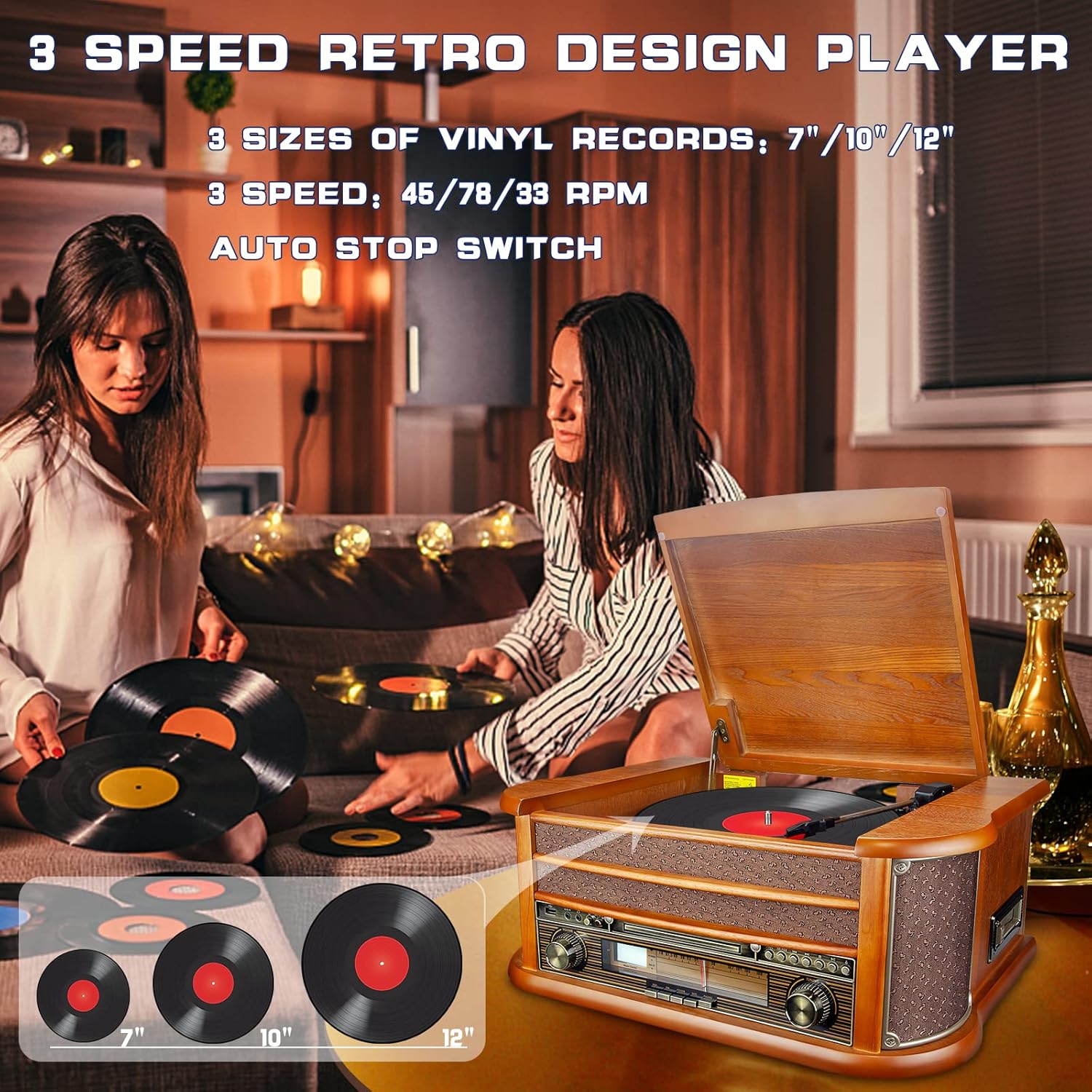 BIGMONAT Record Player Vinyl Turntable Stereo Bookshelf Speakers