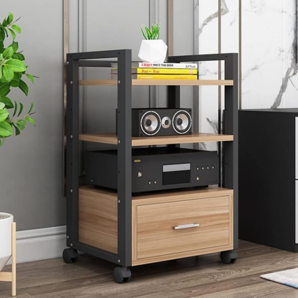 NILZA Open Audio Rack with Drawer Audio Stand CD/DVD Player Rack Corner Media Stand Component Cabinet Stereo Rack Audio Tower 3-Tier Amplifier Stand for Home/Office(Black+Walnut
