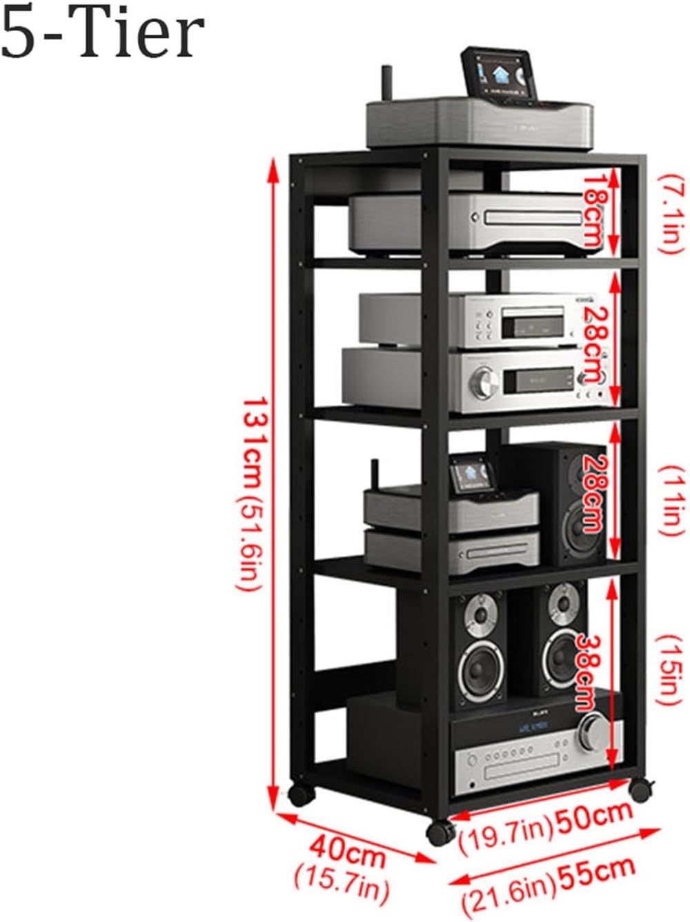 5/6/7-Tier Movable Media Stand Audio/Video Rack CD Player Stand Stereo Component Storage Cabinet with Height Adjustable Wooden Shelf for Home/Office/Theater