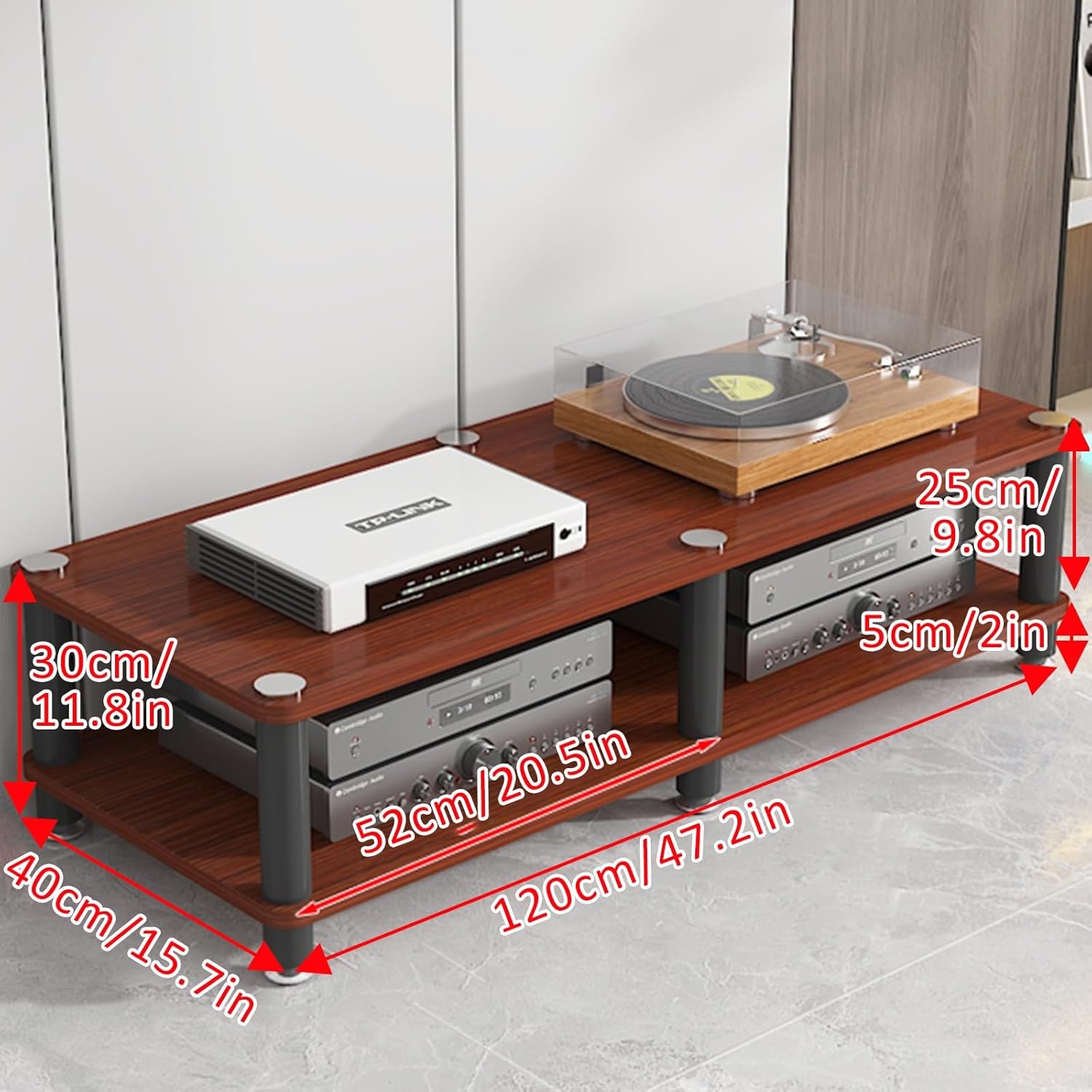 Record Player Stand with Vinyl Storage Speaker Mount Mid-Century Record Player Table Wooden Corner Shelves Component Cabinet for DVD Players/Cable Boxes Design AV Media Stand(Teak