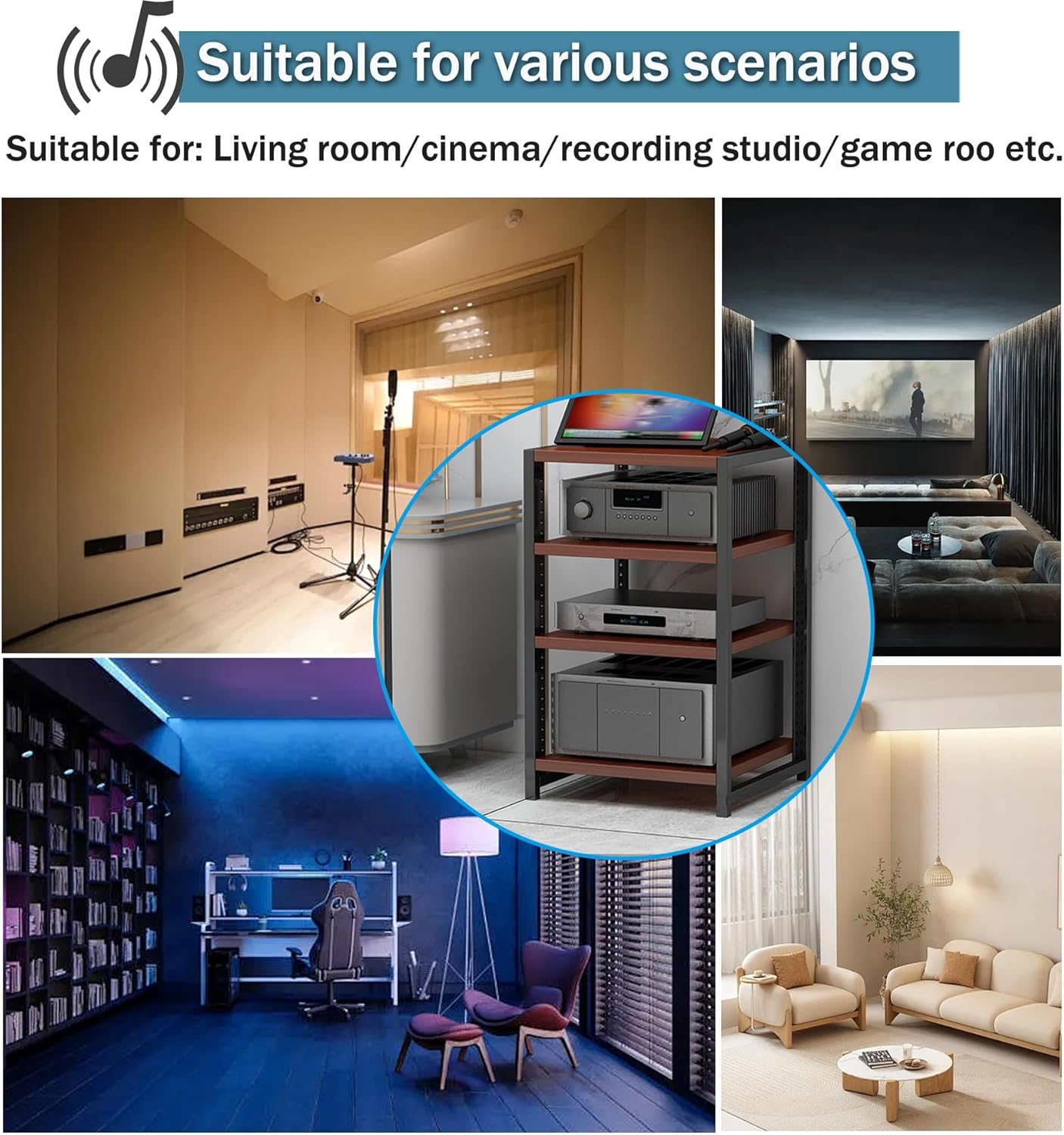 Audio-video Shelving AV Media Stand with Wheel Hifi Rack Stereo Cabinet Game Console Shelf 3/4/5/6-Tier DVD Holder Stand Tower with Adjustable Shelves Corner Stands for Living Room(Walnut