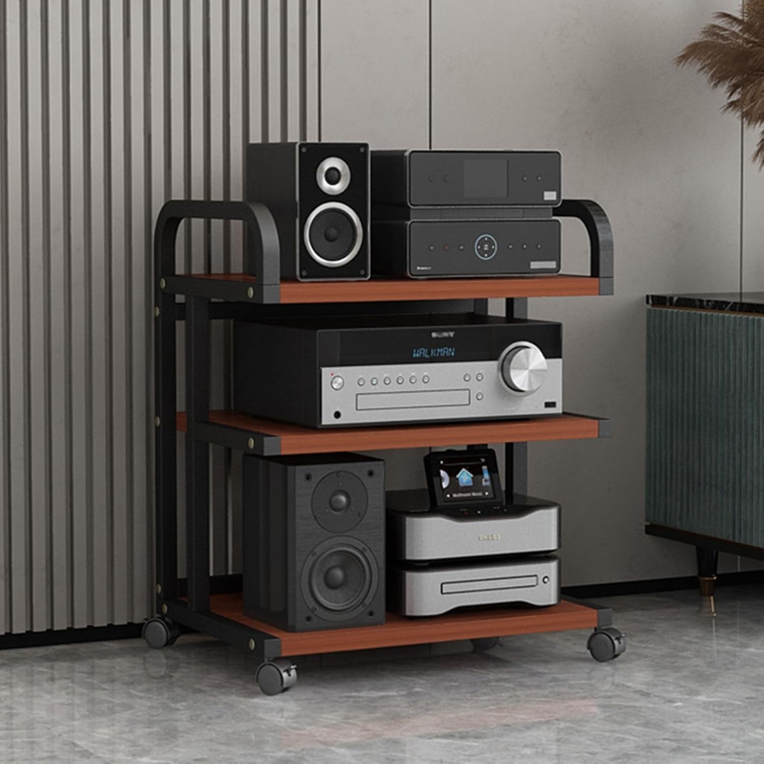 3/4/5-Tier AV Media Stand with Wheel Audio Rack Video Game Console Shelf Stereo Rack Audio Tower Adjustable Shelves Corner Shelf Av Stand for Home/Office/Audio Video/DJ/Theater(3 Tier)