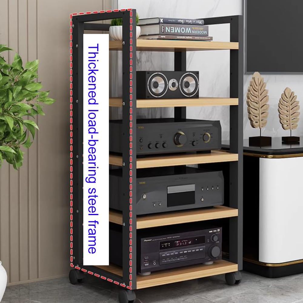 BIUBPW 6-Tier Media Stand Movable Audio/Video Media Storage Cabinet Wooden Stereo Rack with Height Adjustable Shelf Metal Utility Cart for AV Gear Servers(Natural