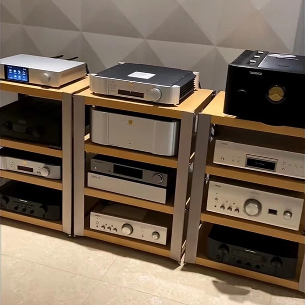 KGPGNYMYHA 4 Tier Audio Video Media Stand Adjustable Shelves Audio Rack Media Storage Cabinet Stereo System Home Entertainment Components Cabinet(Brown