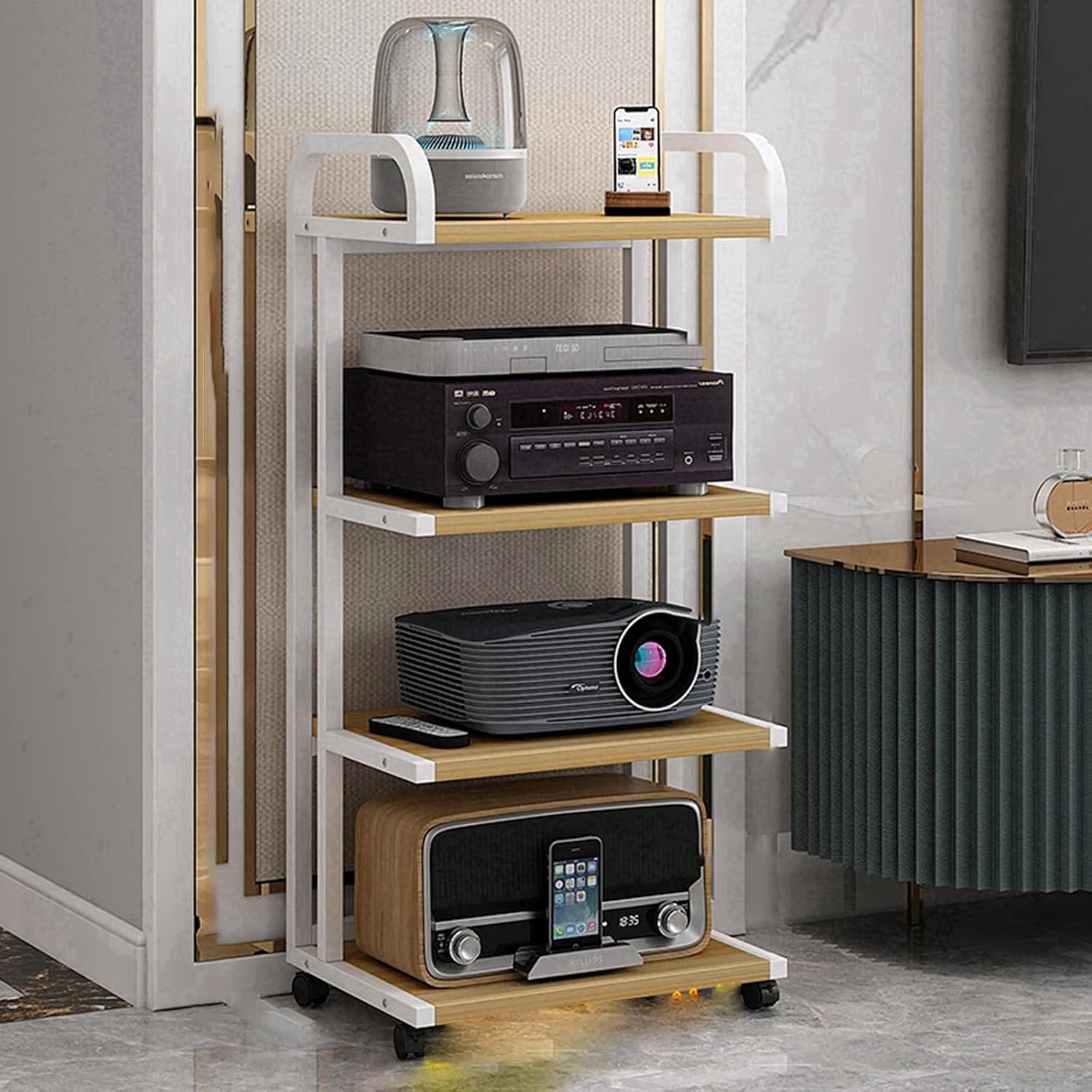 Modern Media Stand on Wheels - Floor-Standing Audio-Video Rack with Storage Shelves for Stereo & Gaming - Easy Assembly for Living & Recording Rooms - Stylish & Functional Design