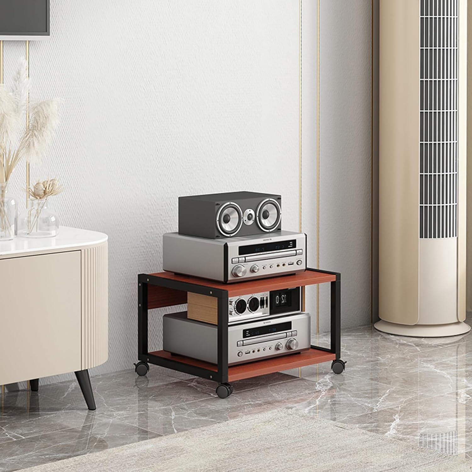 UYCVT Movable Media Stand 2/3-Media Stand Amplifier Rack Corner Movable Audio Tower with Storage Wooden Shelves and Steel Frame