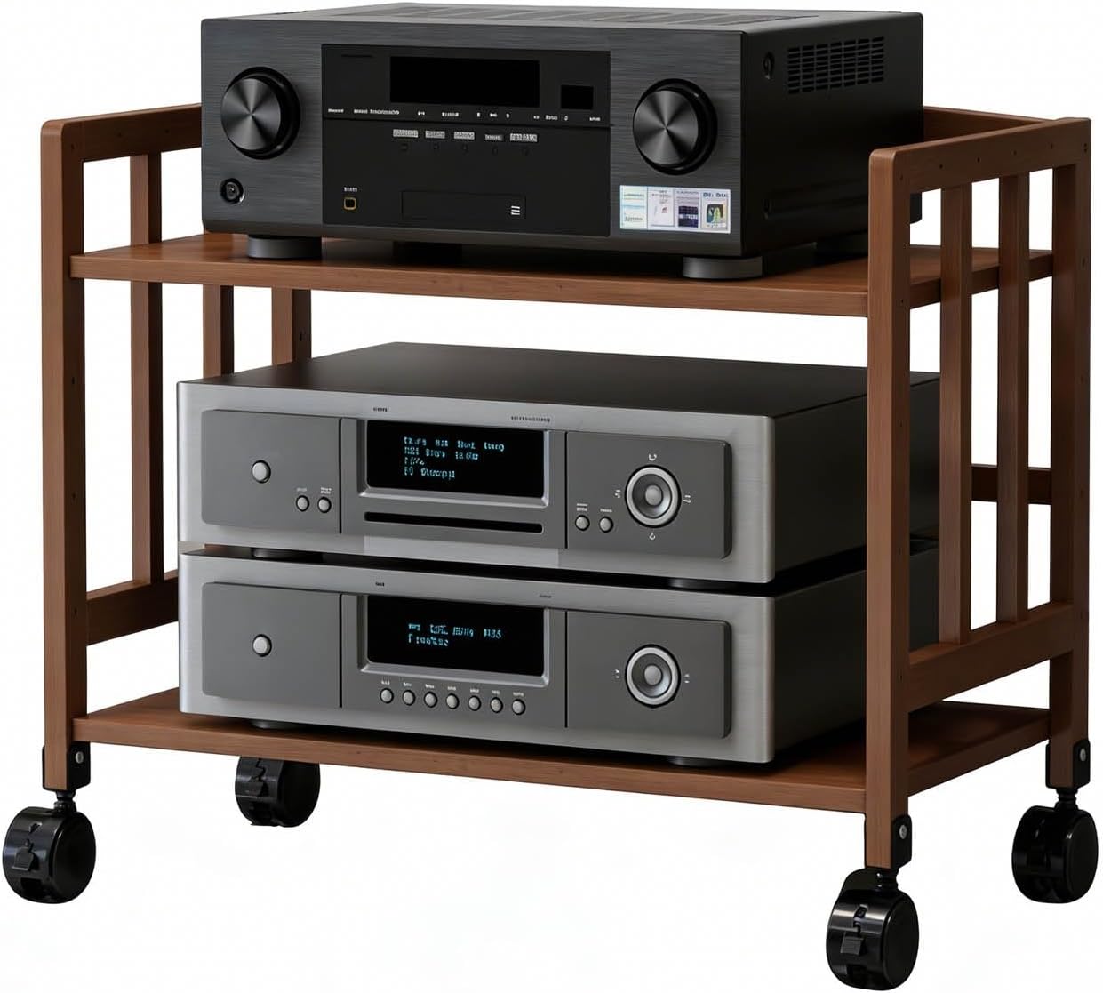 Mobile Two Tier Audio Stand Wheeled Shelves Adjustable Bamboo Storage Shelf Home Theater Equipment Rack(38x80x53cm)