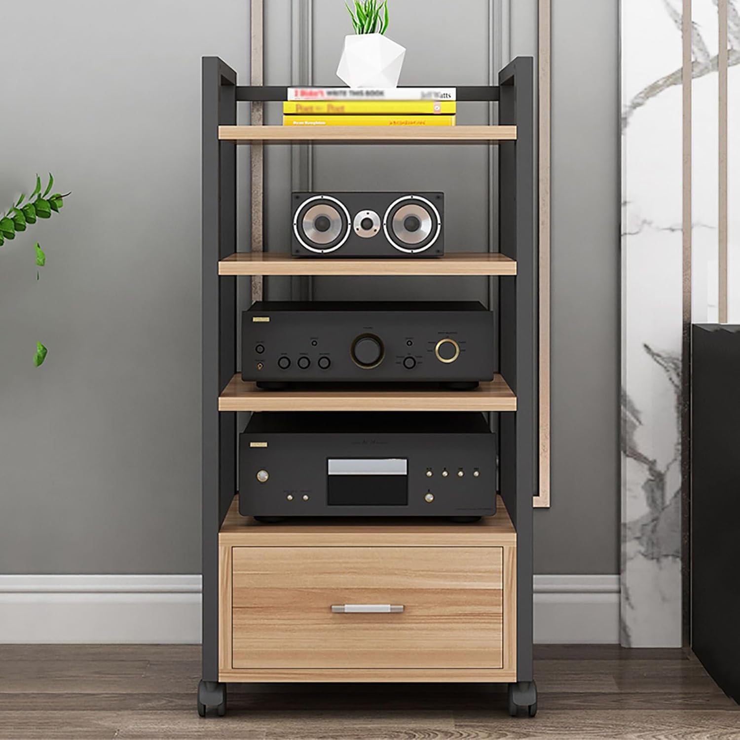 DONGYUE 4-Tier AV Media Stand DVD CD Player Stand Audio Rack Stereo Power Amplifier Equipment Cabinet with Height Adjustable Wooden Shelf and Storage Drawer for Home/Office/Theater