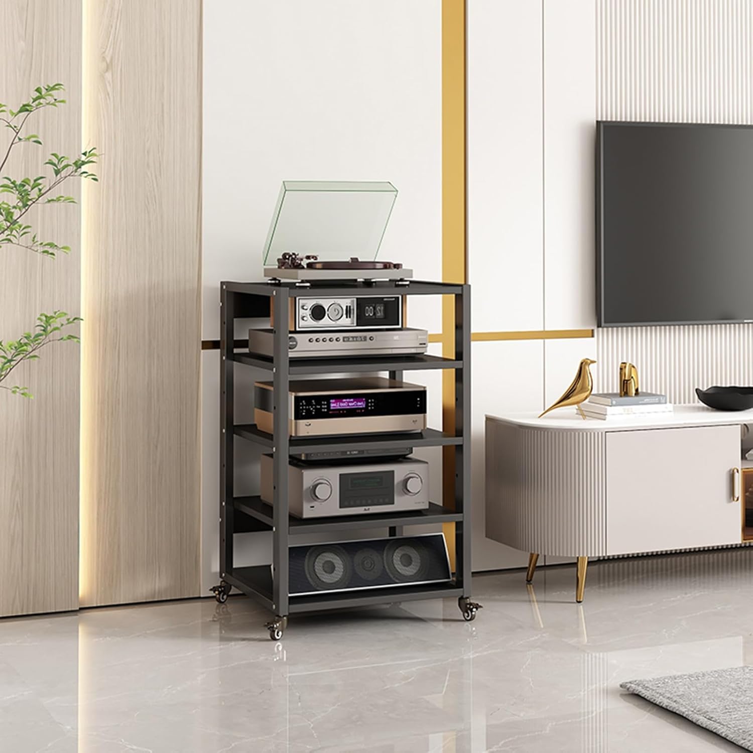 5-Tier Movable AV Media Stand Component Cabinet Corner TV Stand Record Player Stereo Rack Audio Tower with Height Adjustable Wooden Shelves for Home/Office/Theater