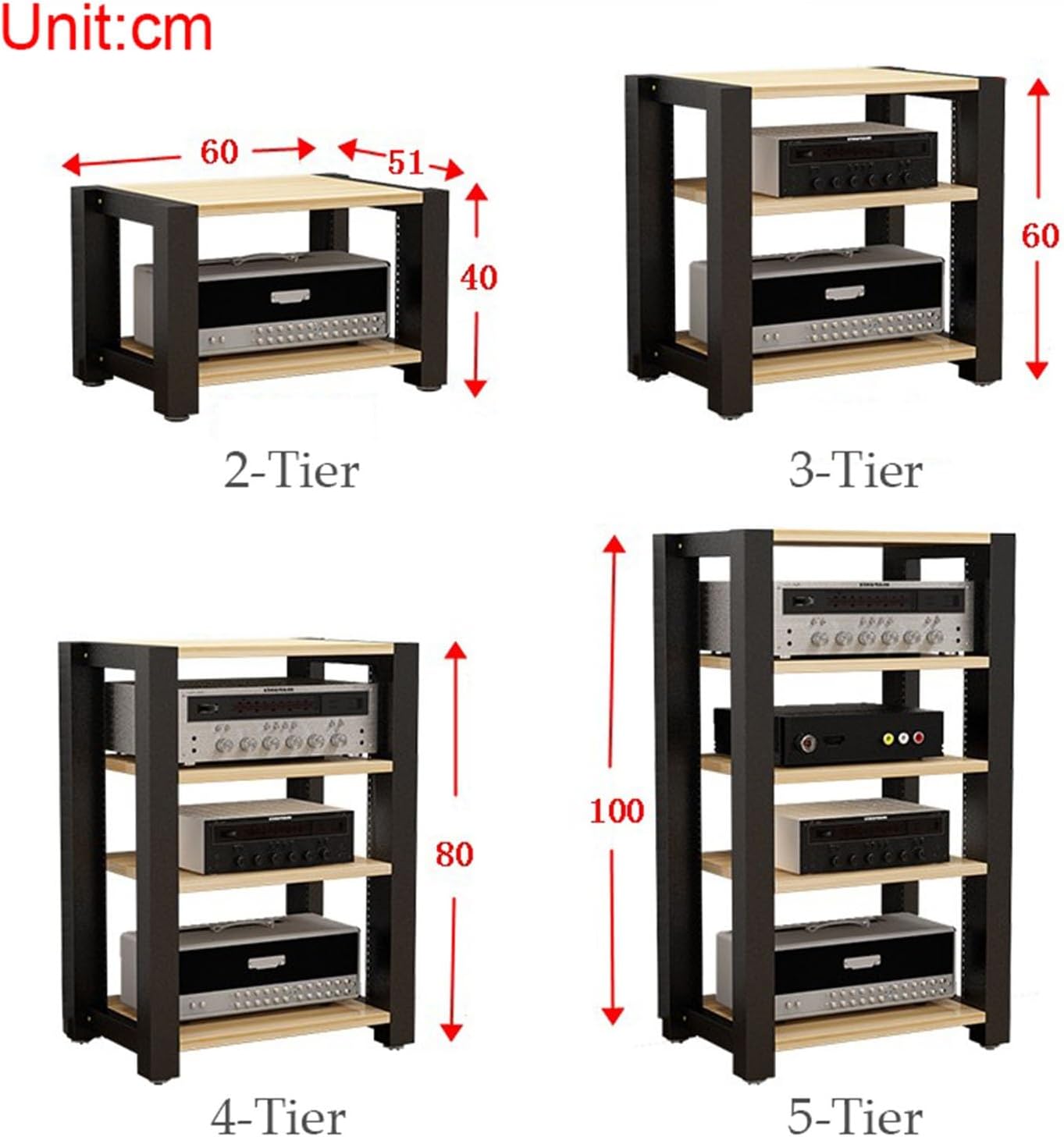 Media Stand 2/3/4/5-Tier Media Stand Movable or Floor-Standing Audio/Video Rack CD Player Stand Stereo Component Storage Cabinet with Height Adjustable Wooden Shelf for Home/Office/Theater