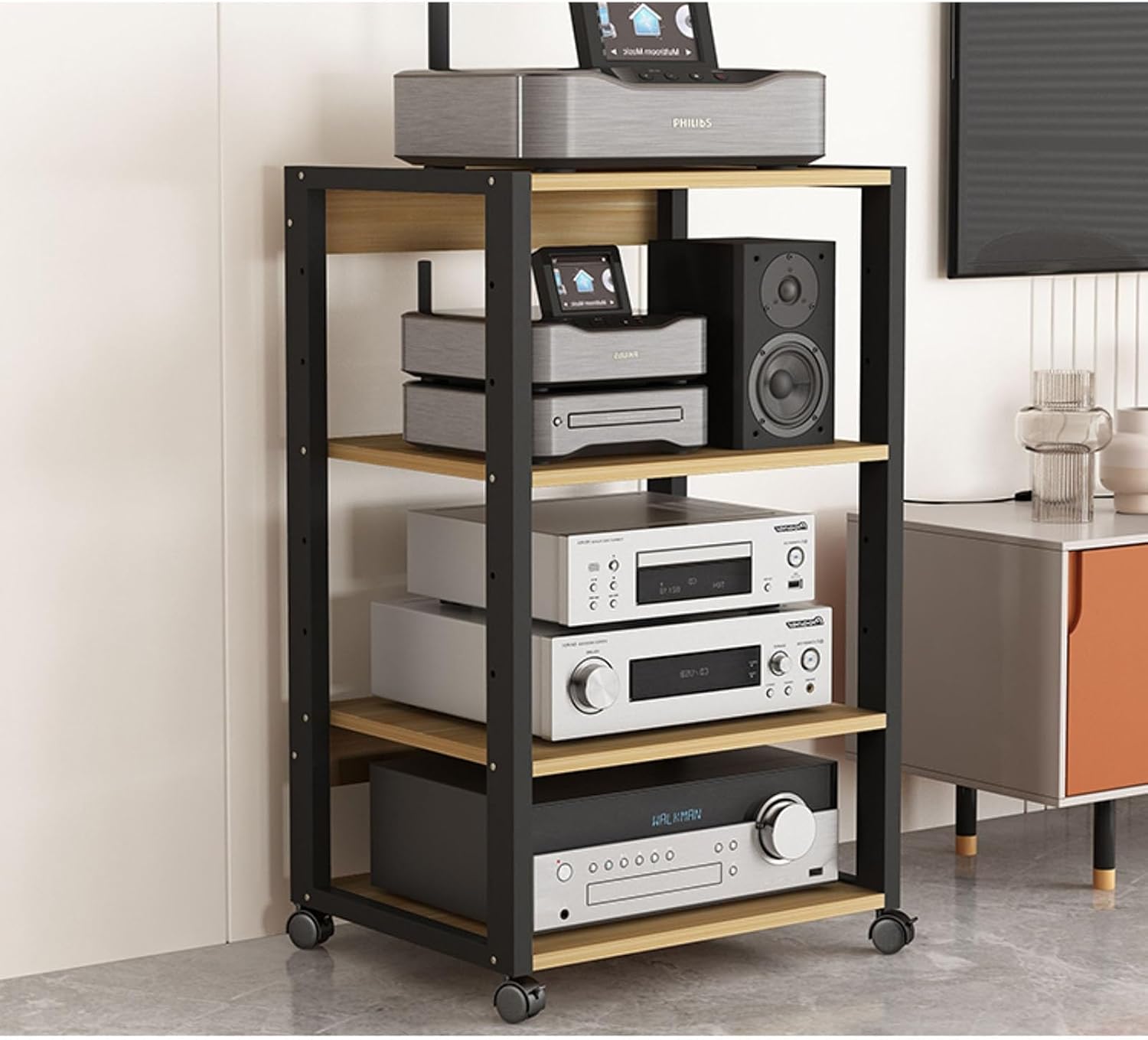 Modern Audio/Video Media Stand Wooden Corner Shelf CD Player Stand Entertainment Stereo Component Storage Cabinet Display Shelf for Home/Office/Living Room/Theater (Size : B 4 Tier)