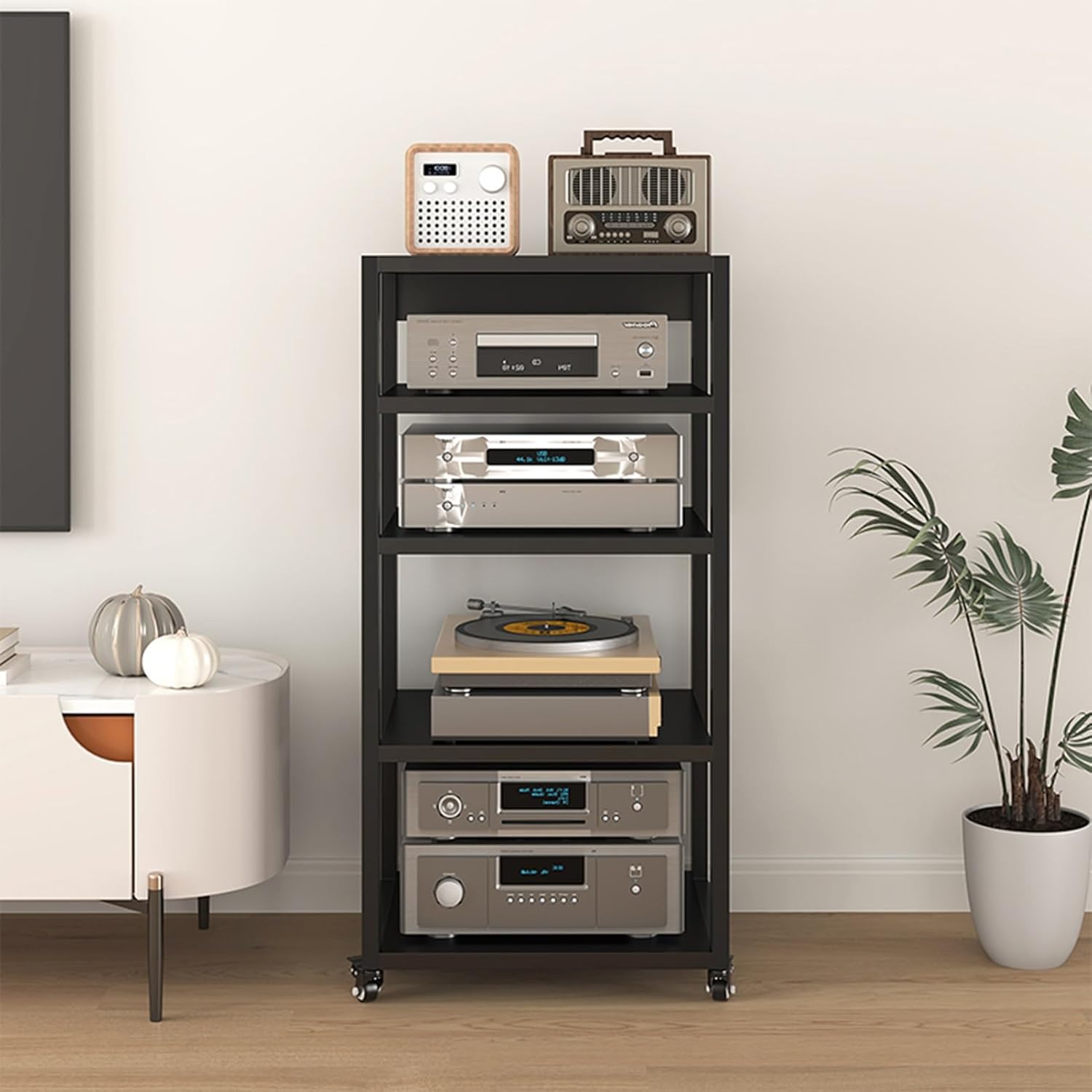 5-Tier Movable AV Media Stand TV Corner Shelves CD Player Stand Stereo Rack Audio Video Components Cabinet with Height Adjustable Steel Shelf for Home/Office/Theater