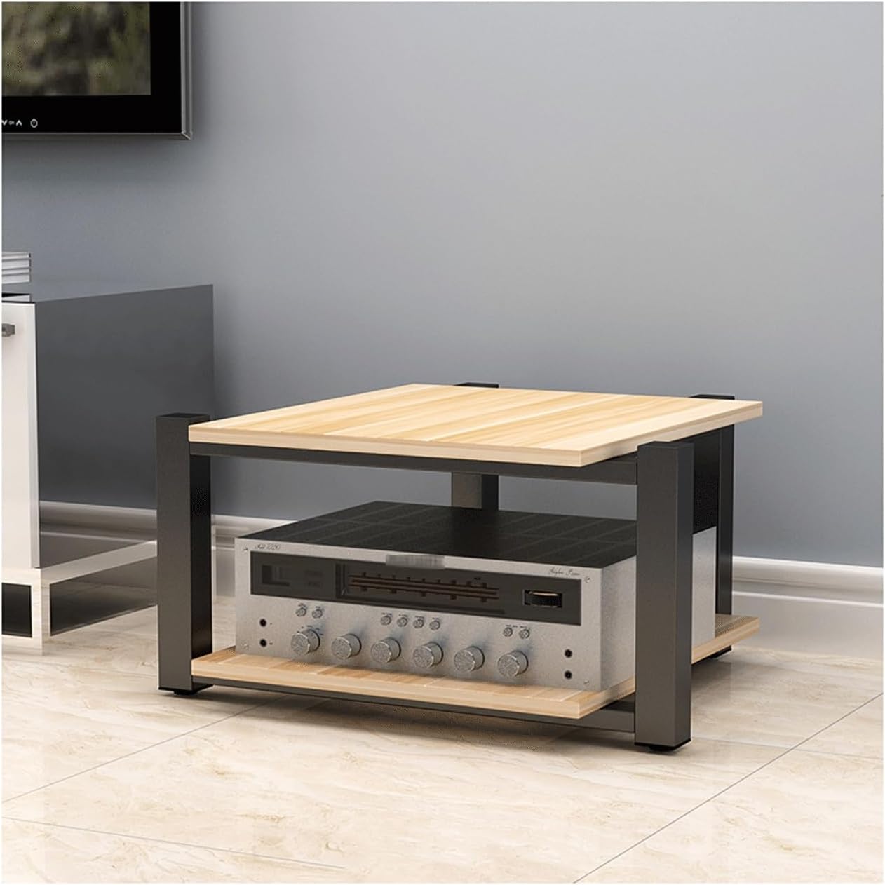 XMFBSY Medios Open Stereo Component Cabinet AV Media Stand Wooden HiFi Stand Audio-Video Shelving Modern DVD CD Record Player Console Holder for Home Theater Organizer(Natural