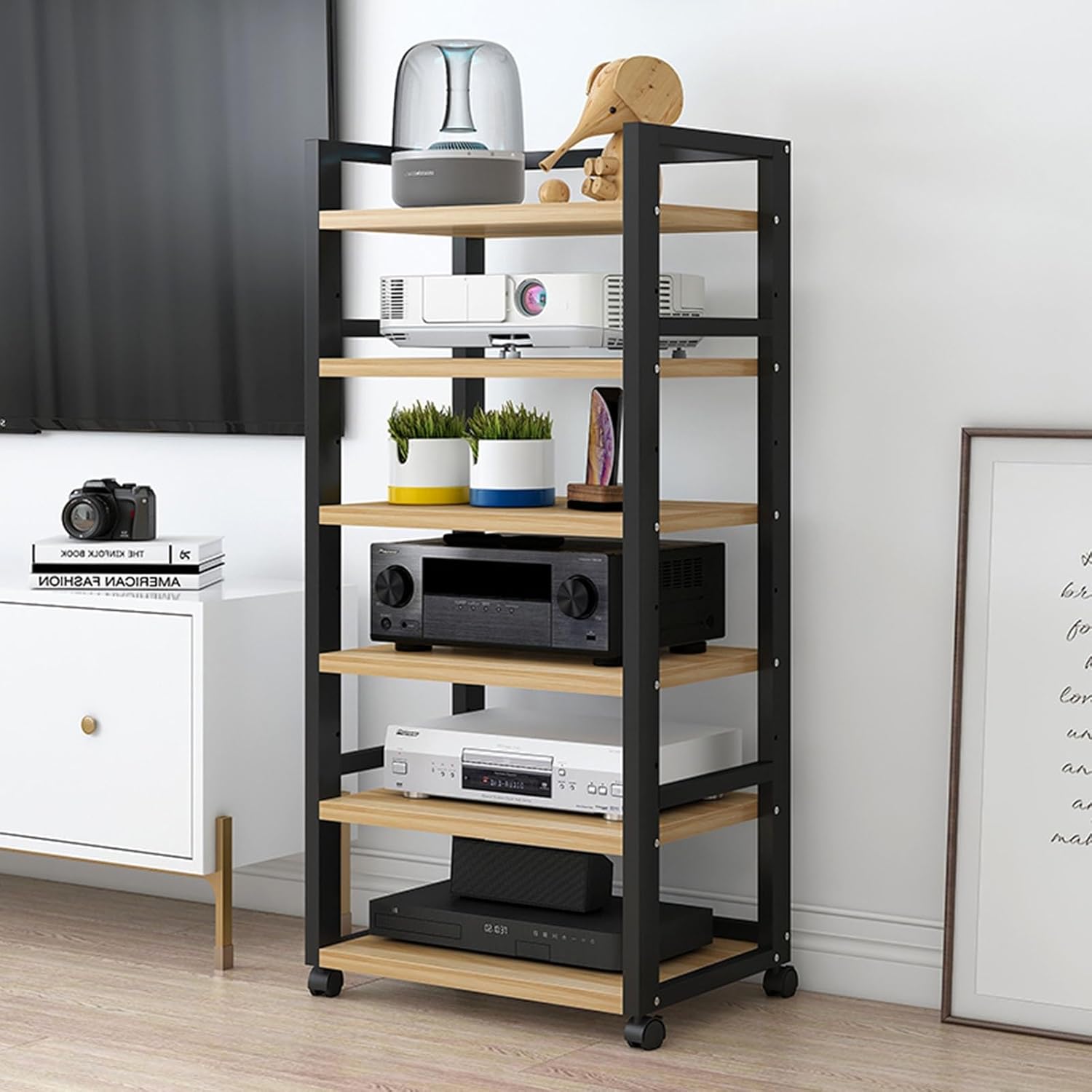 Movable 6-Tier AV Media Stand Corner Shelf CD Player Stand Entertainment Stereo Component Cabinet Audio Rack Tower with Height Adjustable Wooden Shelf for Home/Office/Theater(Color:B)