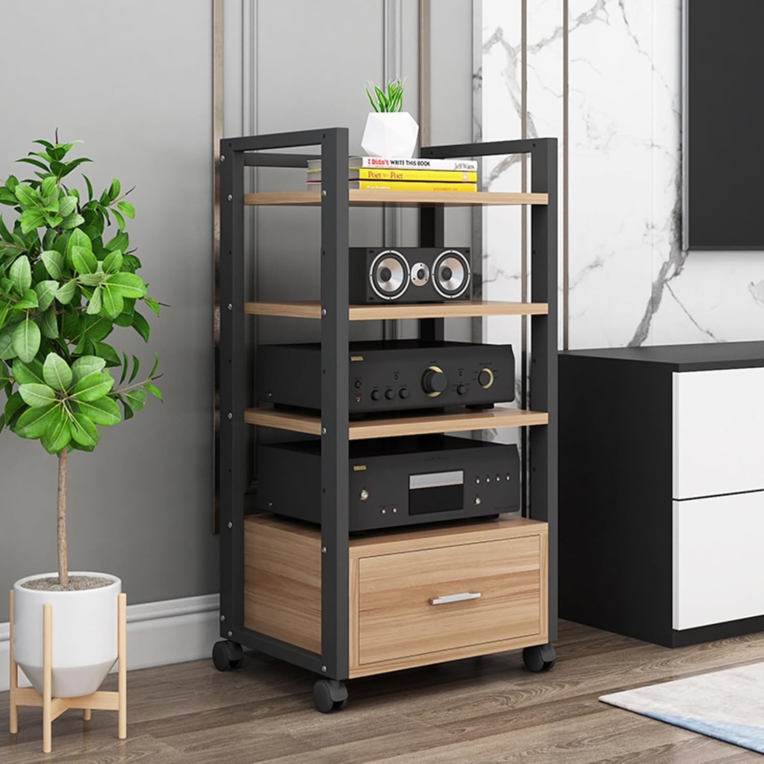 UYCVT Movable Media Stand Multifunction 3/4-Tier Movable Storage Cabinet DVD Cd Player Stand Stereo Rack Audio Video Component Media Stand and Drawer-A-4 Tier-60X40X100CM