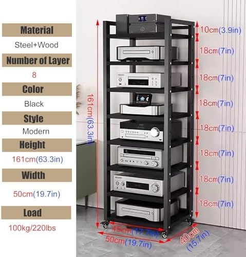 UYCVT Heavy Duty Media Storage Cabinet - 7-Tier Adjustable Audio-Video Rack with Rolling Shelves for Living Room Home Office - Tall Stereo Components Stand in Stylish Design-Black-#3-8 Tier