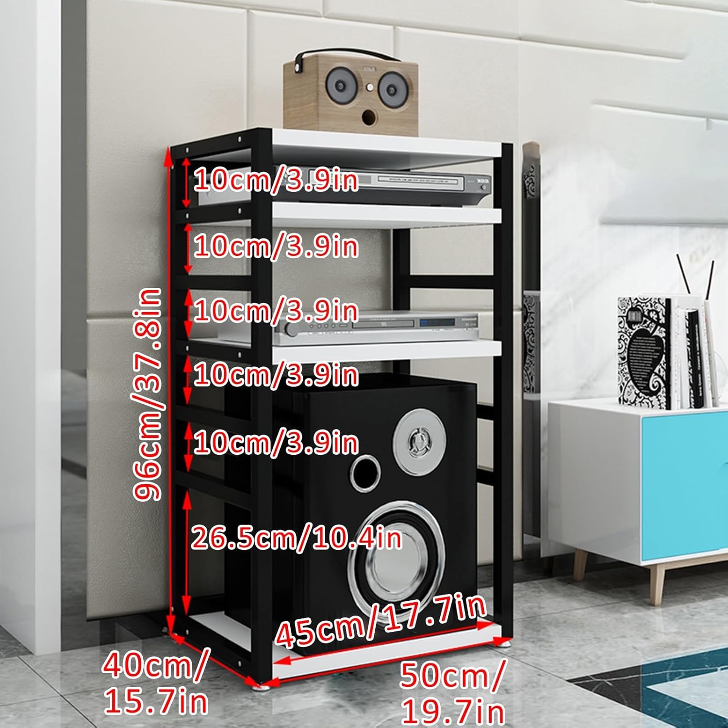 Stereo Stand Corner Entertainment Center Modern Audio-Video Media Stand 4-Tier AV Media Stand Corner Shelf Design AV Media Stand Movable Audio Rack Tower Player Stand for Living Gaming(Deep black)