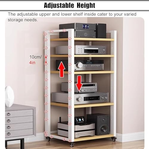 GenSDH 6 Tier Audio Rack Tower - Mobile Av Media Stand with 4 Lockable Wheels Cd Record Player & Stereo Receiver Cabinet for Home Entertainment System - Beige Display Shelf