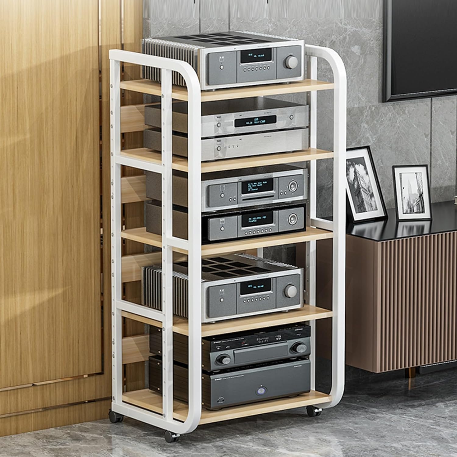 Tall Stereo Stands for Living Room - 27/35/43 Inch Media Rack with 360 Swivel Wheels