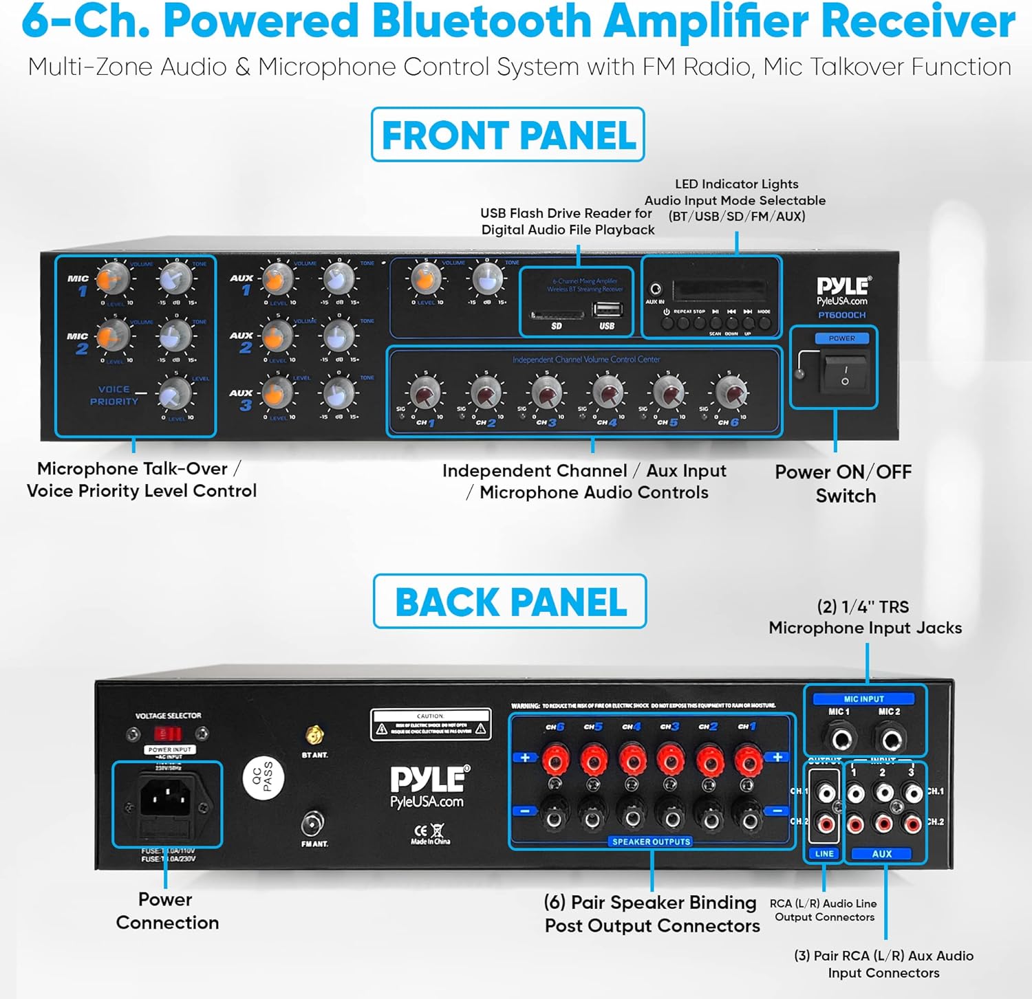 Pyle Rackmount Bluetooth Power Amplifier System - 4200W Peak 6 Channel Audio Receiver w/ Mixer