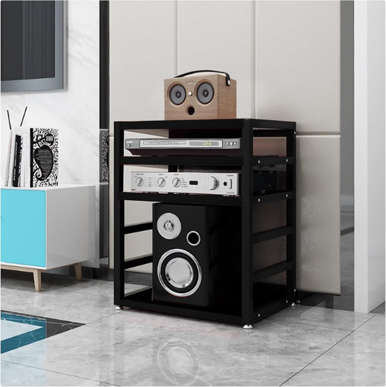 4 Tier AV Media Stereo Stand 67cm high Audio-Video Shelving Media Cabinet Audio Component Rack Open Media Console Audio Rack Tower for Recording Room