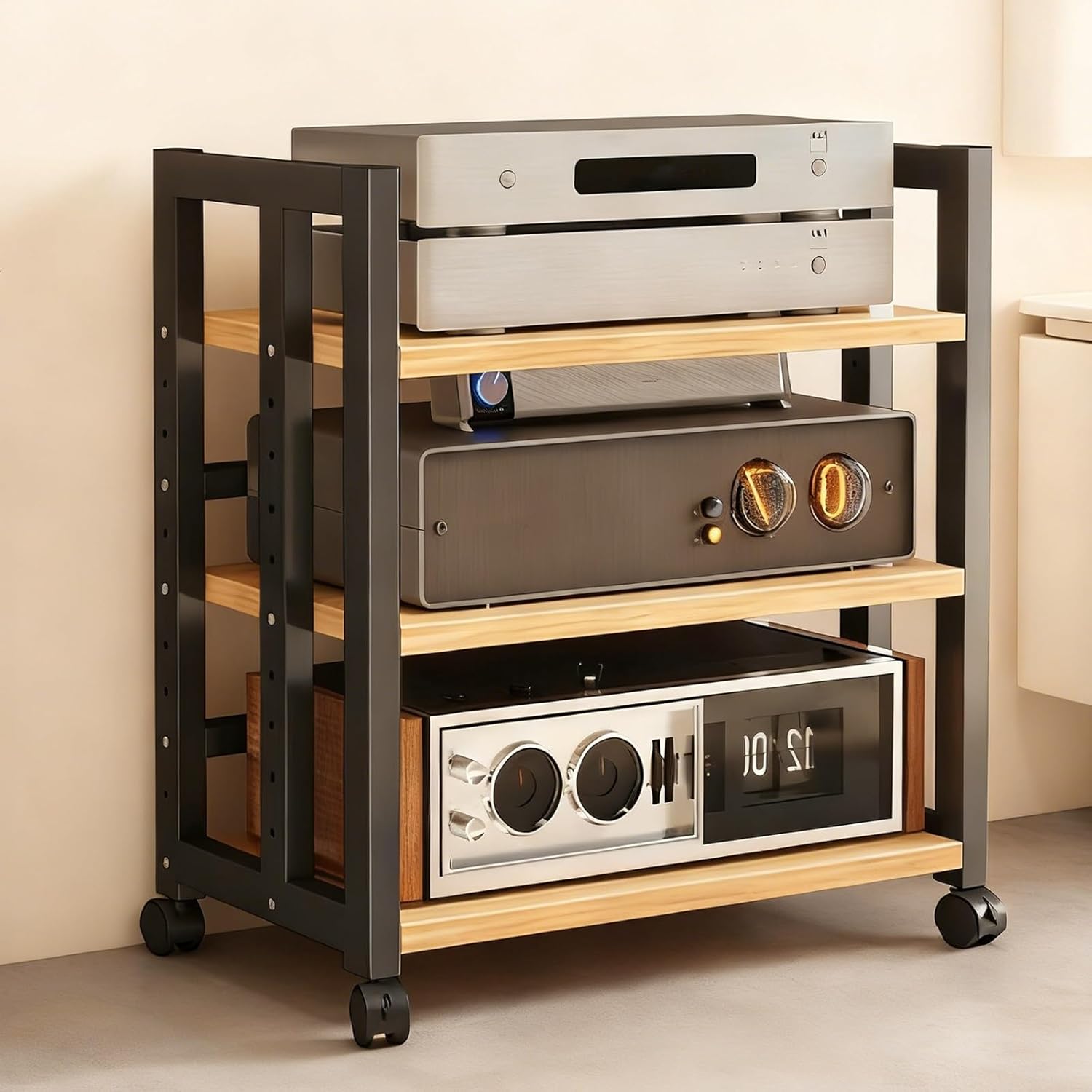 3-Shelf Mobile Corner Stereo Stand - Heavy Duty Adjustable Media Rack for Space-Saving Living Room