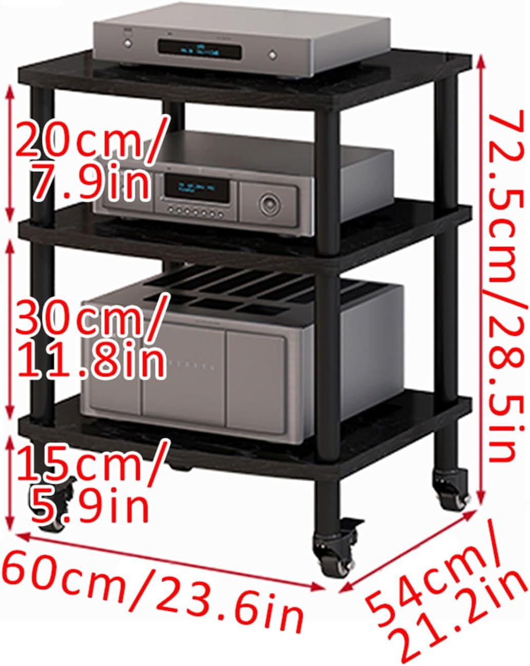 2/3/4-Tier AV Media Stand Record Player Stand with Storage Walnut Vinyl Holder Storage Shelf for Record Player Wooden Stereo Cabinet Audio Rack Tower for Entertainment Stereo Components for Gaming(Dee