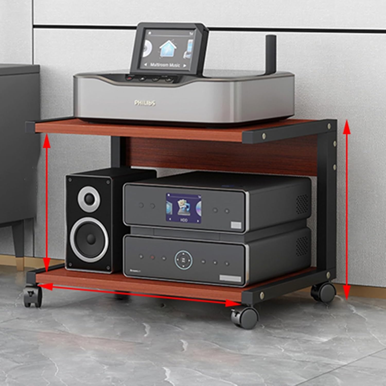 Modern Audio-Video Media Stand with Wheels - 2-Tier Corner Shelf & Adjustable Wooden Shelves
