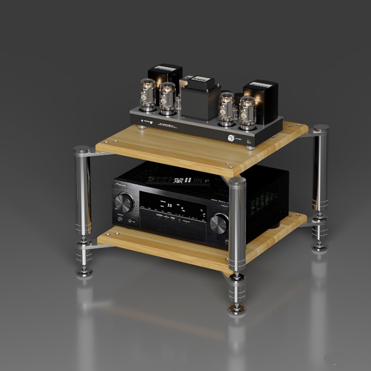 YITAYMLI 1/2/3/4 Tier Audio Video Media Rack Tower AV Stereo Cabinet DVD Component Shelf Stainless Steel Support Columns Wood Component Shock Absorption Rack for Home(Wood