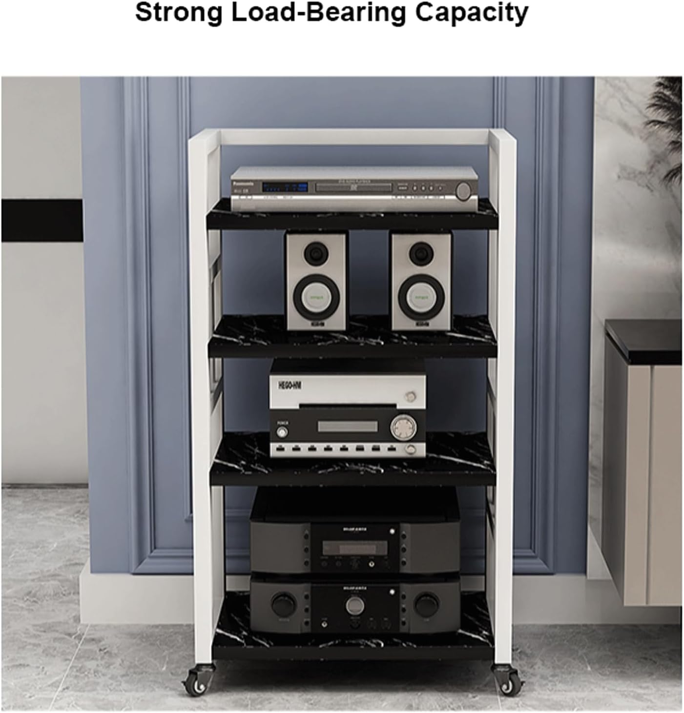 XMFBSY Medios 4 Tier Audio Rack Cabinet Wooden Stereo Stand with Wheels Home Theater AV Media Stand DVD Record Player Rack for Office Studio Organizer(White)