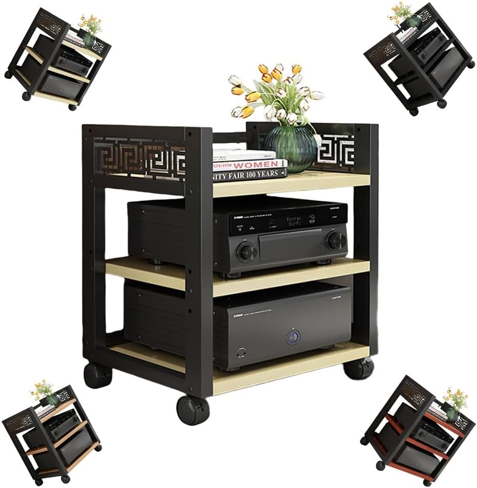 KGPGNYMYHA Movable AV Media Stand 3 Tier Stereo Rack Open Media Storage Cabinet Wooden Corner Shelf Multi-Function Component Cabinet For Theater Home Living Room(White)