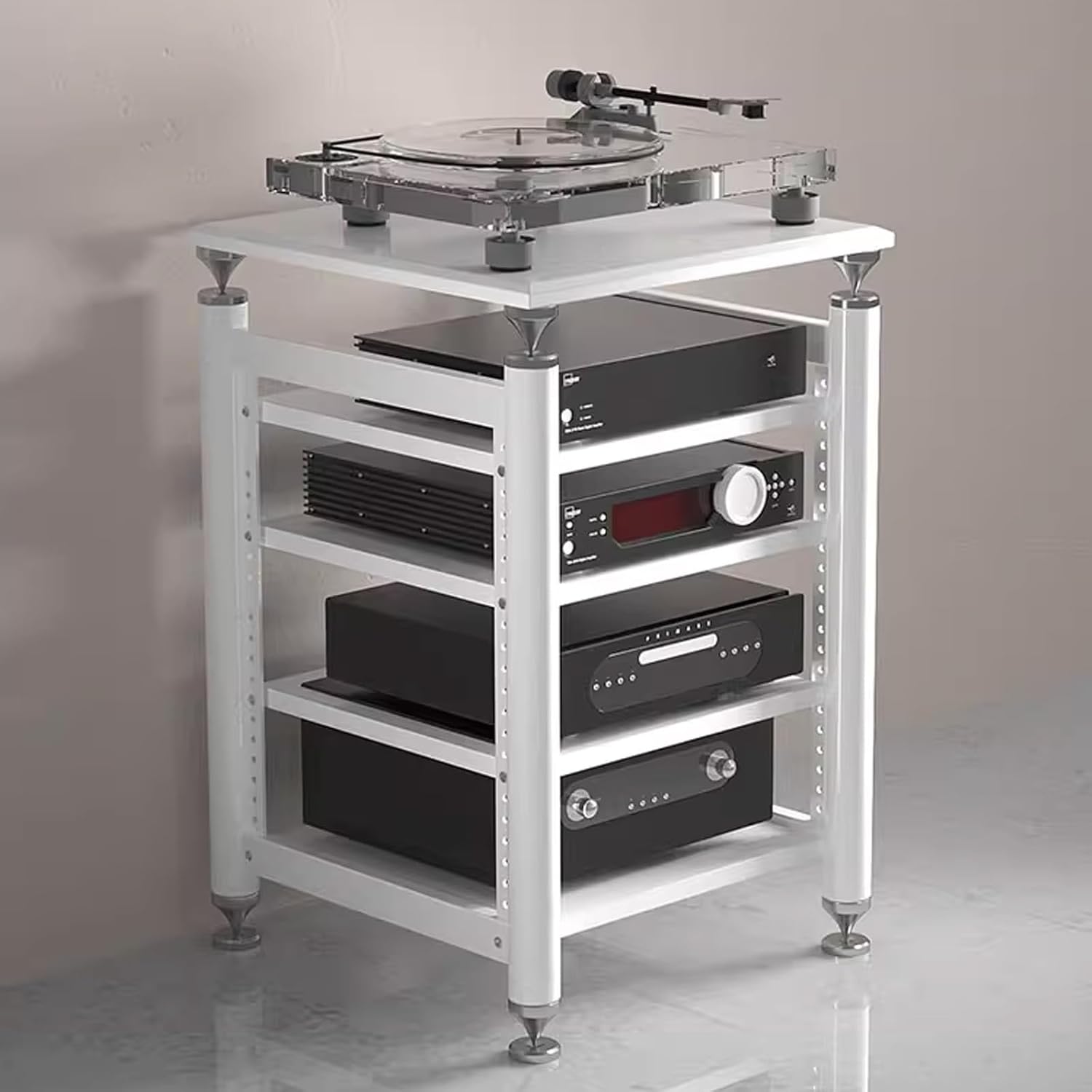 Audio Rack Av Tower Media Stand 5-Tier Electronics Equipment Shelf Record Player Stand Table Height Adjustable Media Console Table Stereo Stand Cabinet with Turntable Shelf(White