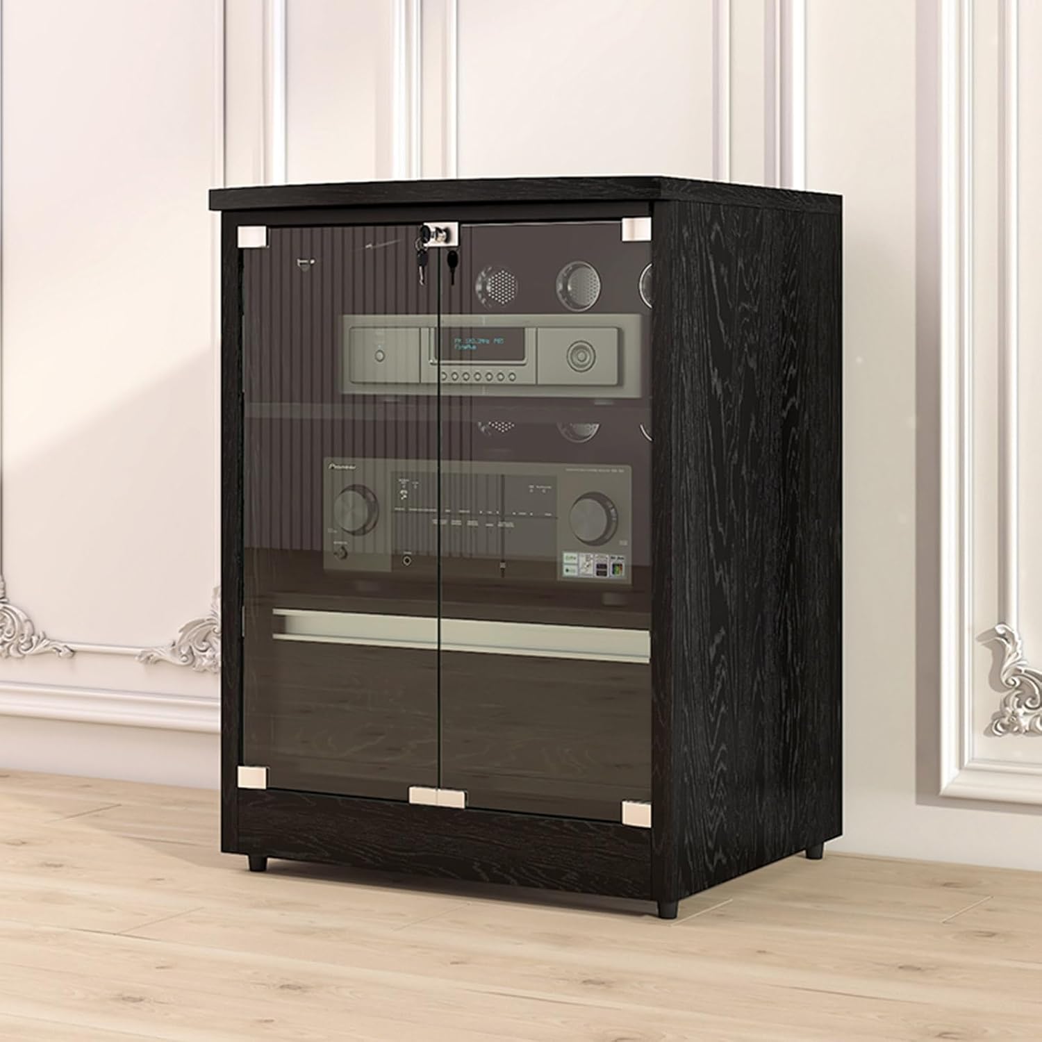 UYCVT White Media Storage Cabinet 3-Tier Audio Video Stand Av Stereo Rack Multimedia Console 60X50X95Cm Stylish Home Entertainment Organizer-Black-60x50x75cm