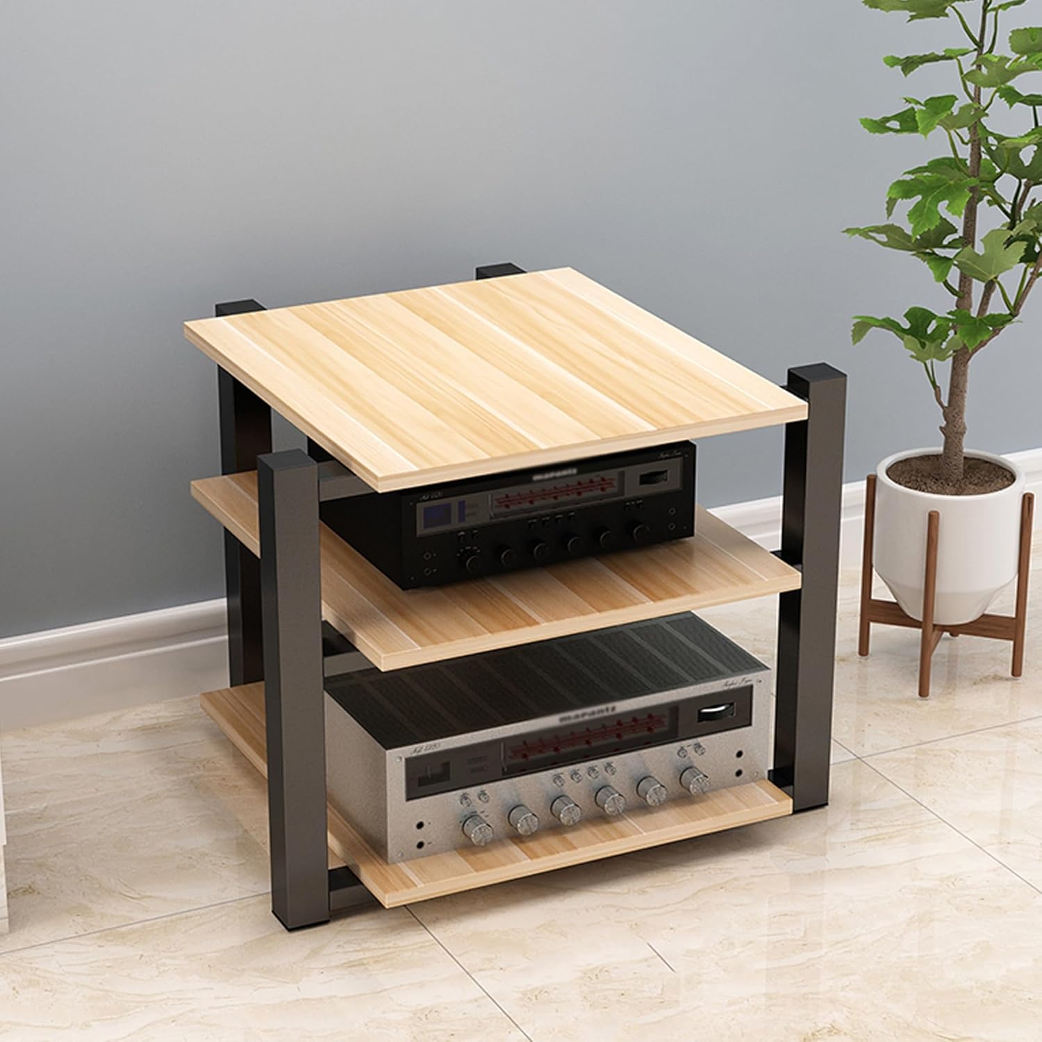 WXZXWXZX Corner AV Media Shelf Vinyl Record Player Stand TV Turntable Stand Stereo Cabinet Audio Rack 2/3/4 Tier for Small Entertainment Center Living Room Game Room(Light Walnut