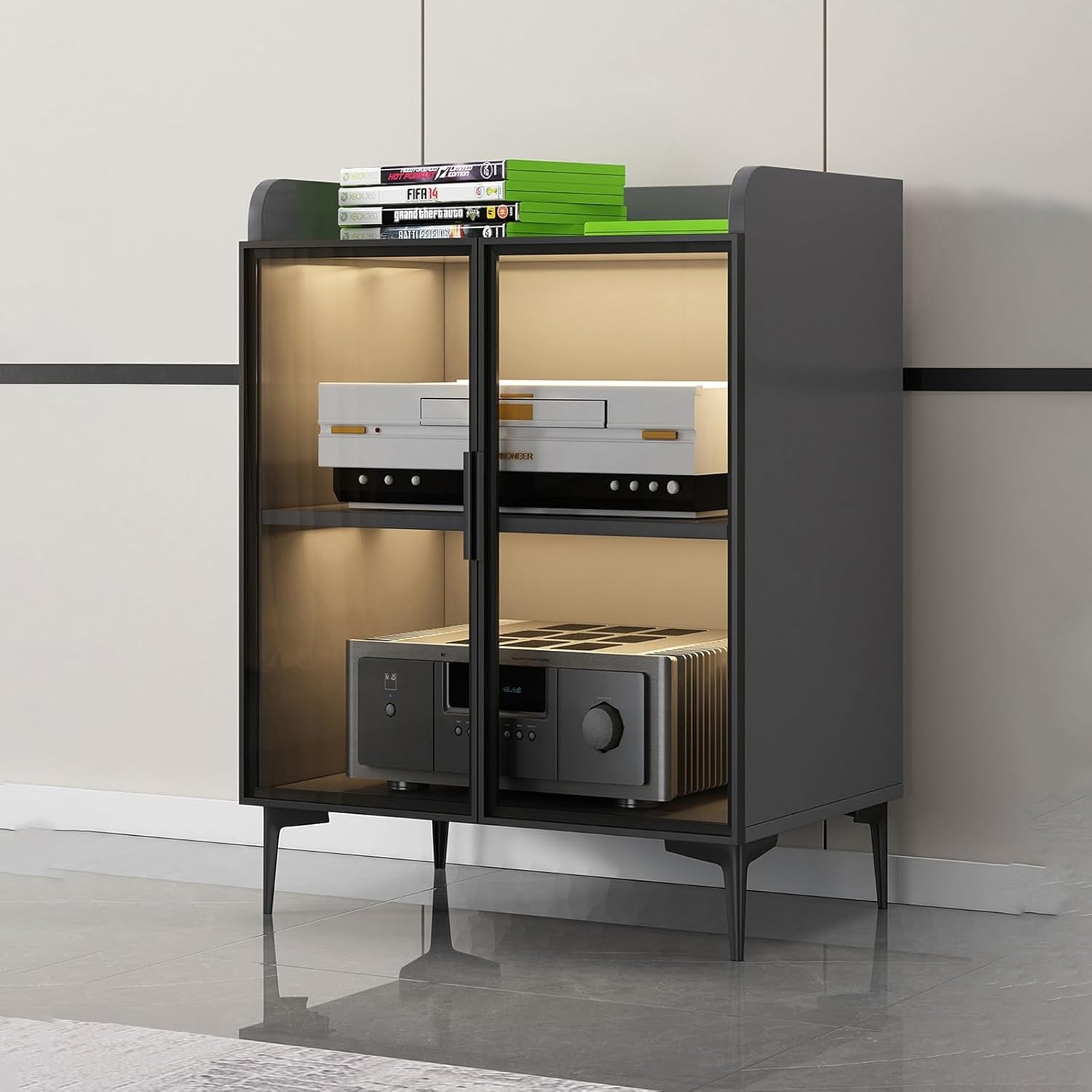 AV Cabinet 2/3 Tier Modern Stereo Rack System Cabinet Media Storage Cabinet AV Cabinet with Glass Doors Media Console without LED light for Gaming Meeting Living Recording Room.(Black