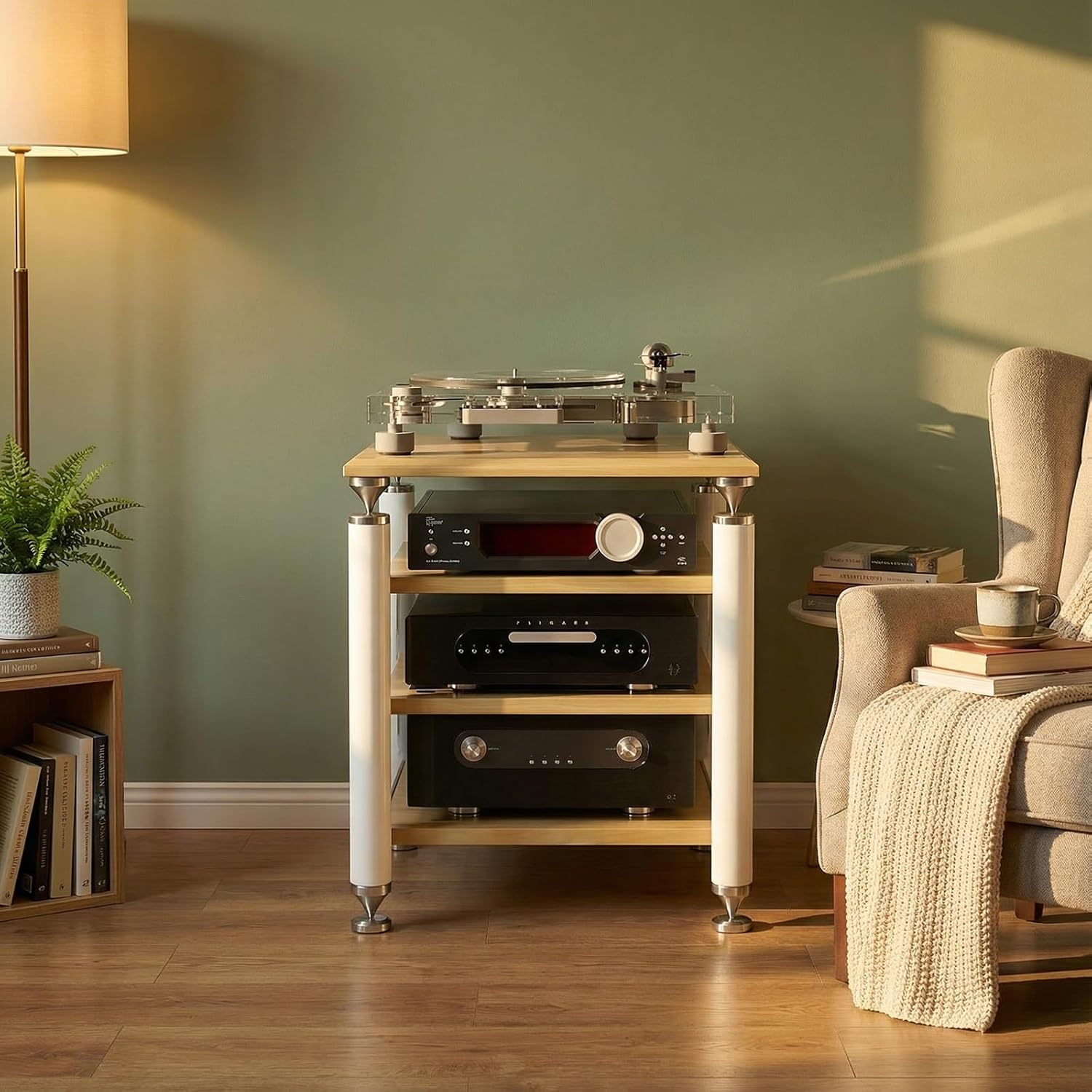 DKPLOE Av Media Stand Audio-Video Shelving Stereo Racks and Stands with Storage Shelves with Adjustable Shelves Features Shock-Absorbing Feet Suitable for Media Players(Wood Color+White