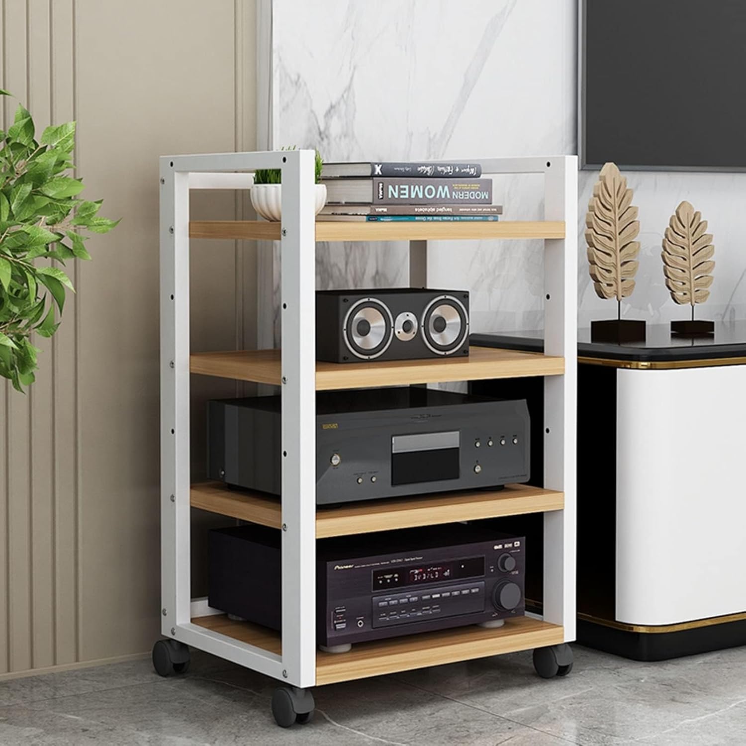 YLQFGUVWK 4 Layer AV Media Stand Corner Stand Wooden Corner Stand Component Cabinet Stereo Rack Audio Tower with Height Adjustable Wooden Shelves for Home/Office/Theater(Color-2)