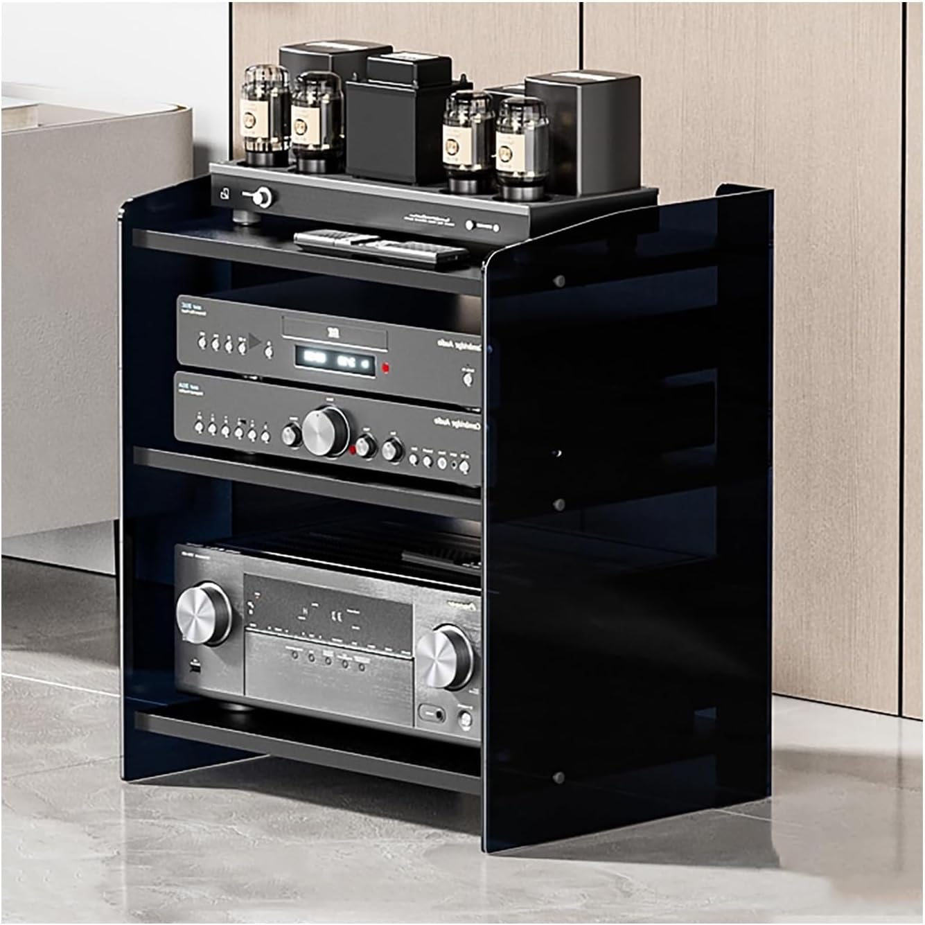 Modern Stereo Rack AV Media Stand with Adjustable Shelves - Audio Tower Storage Cabinet for Home