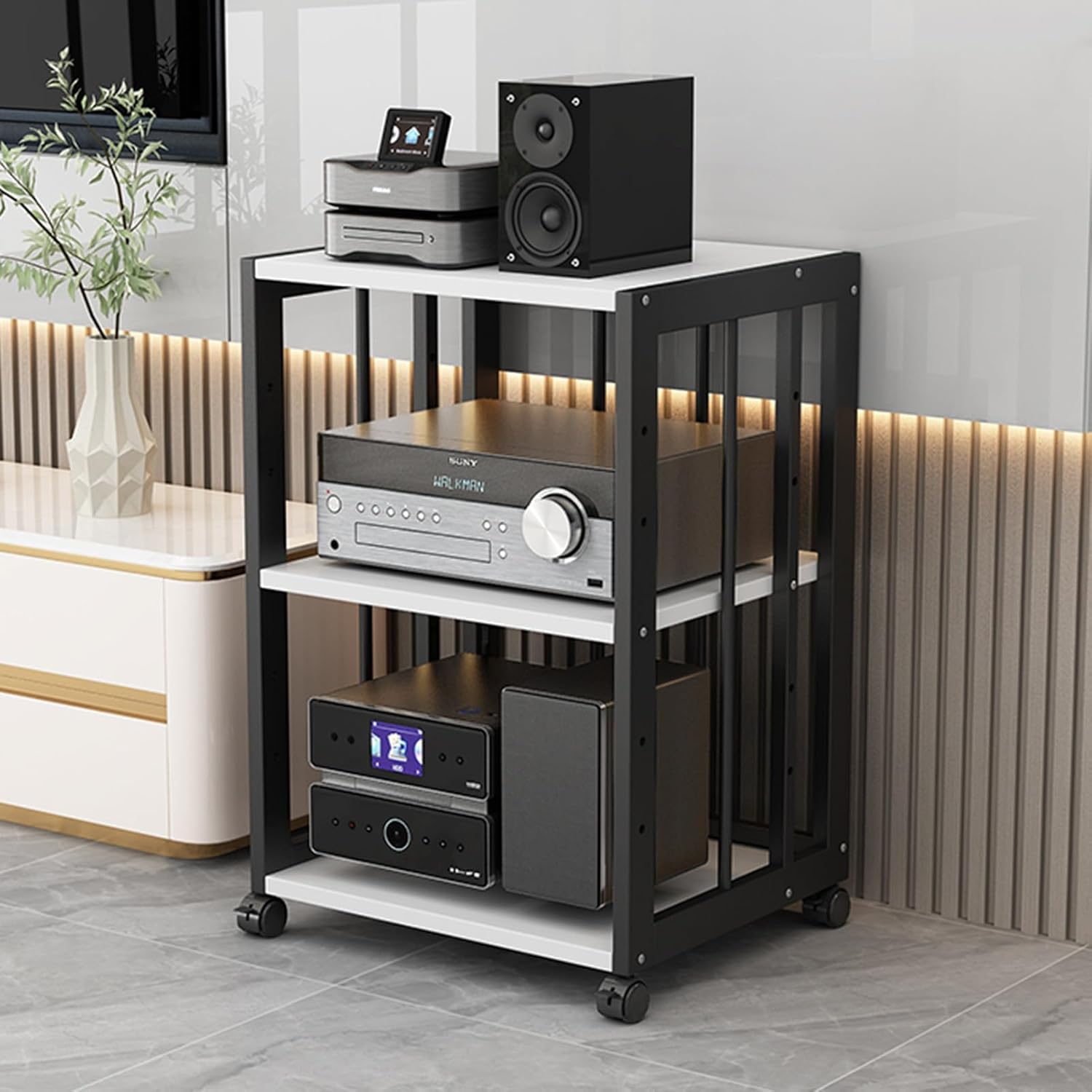 YLQFGUVWK 3-Layer Removable AV Media Stand CD Player Stand Stereo Component Storage Cabinet With Height Adjustable Wooden Shelf For Home/Office/Theater(White)