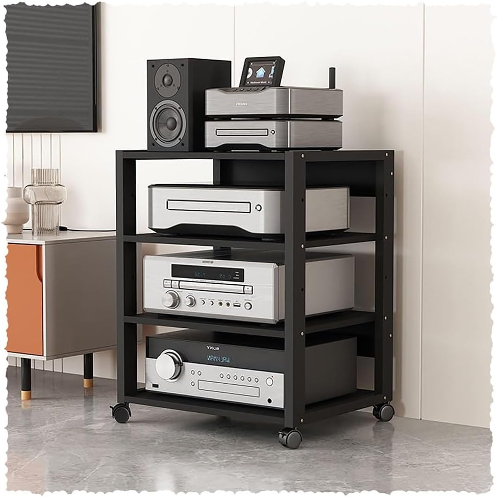 BIUBPW AV Cart Rolling Media Stand 5 Tiers Corner Shelf Audio Rack AV Media Stand CD Player Stand Entertainment Stereo Component Storage Cabinet(4 Tier-50x40x69.5cm)