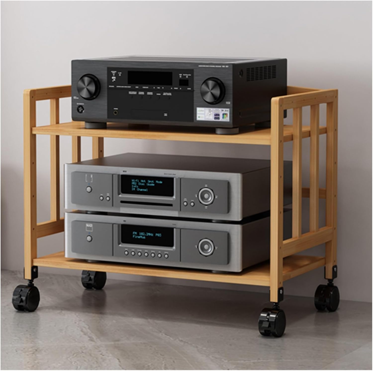 Rolling Stereo Rack Media Stand Audio Cabinet with Lockable Wheels & Height-Adjustable Shelf