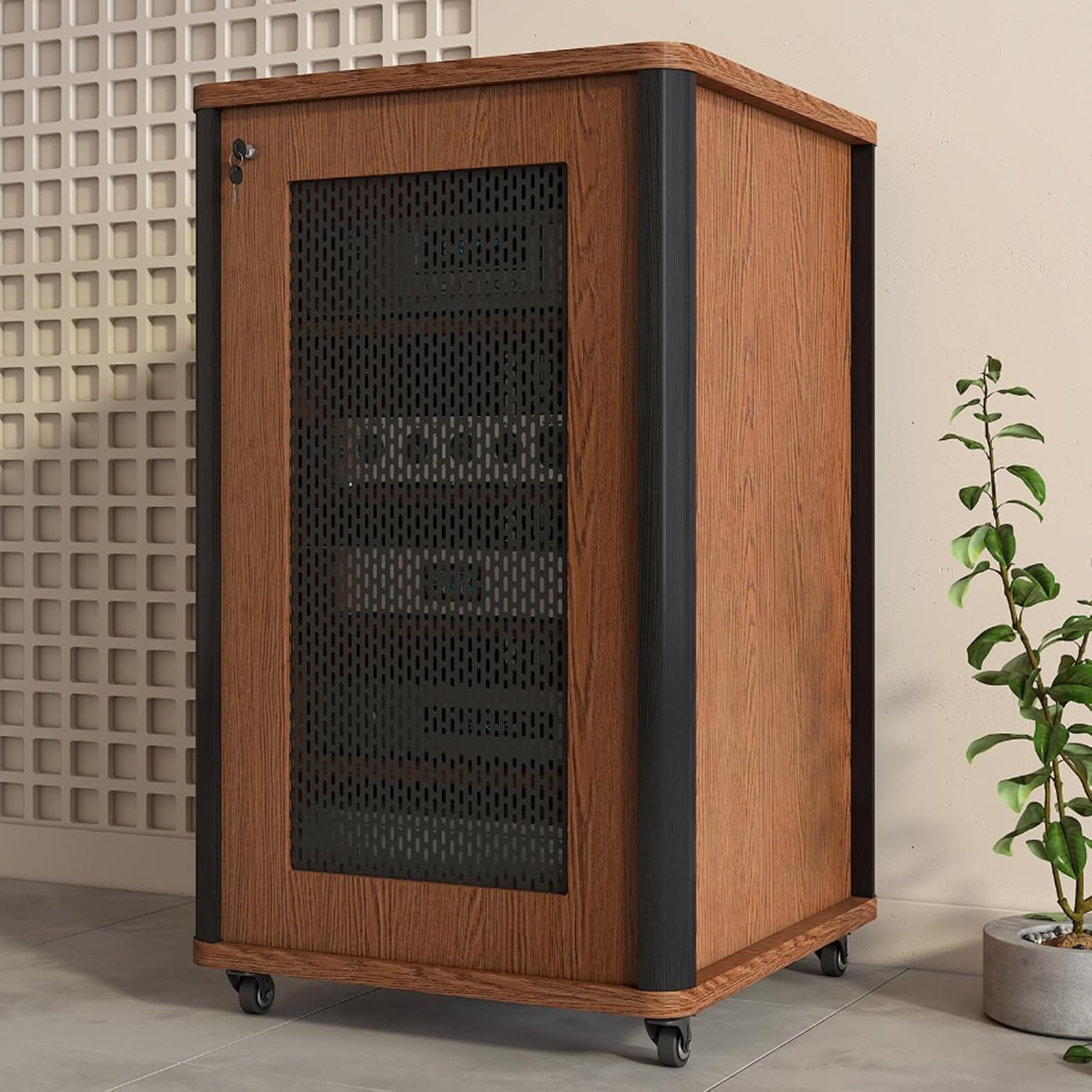 YITAYMLI Movable Stereo Storage Cabinet Audio Video Rack Stand with Adjustable Shelves Home DVD AV Component Media Stand Metal Ventilation mesh Rounded Solid Wood Columns(Oak