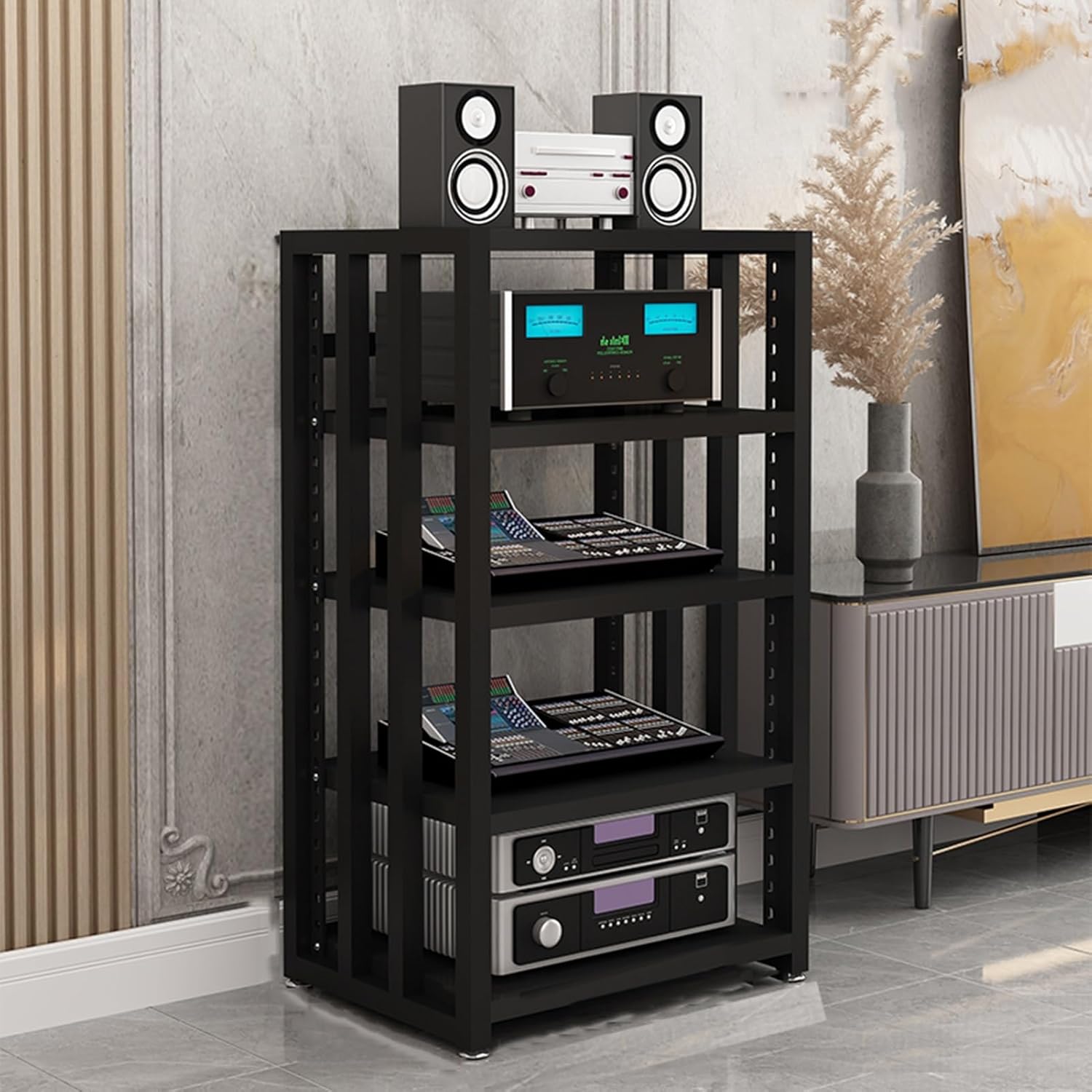 YLQFGUVWK 4-Tier Audio Video Media Stand for Home/Office/Audio Video/DJ/Theater with Height Adjustable Wooden Shelf(White)