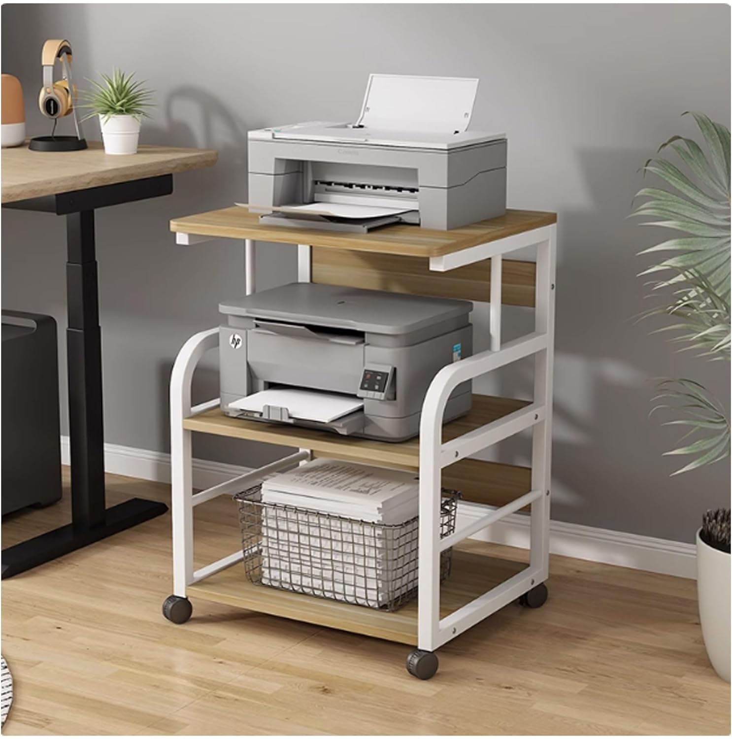 SRDCAIM AV Media Stand Multifunctional Audio-Video Shelving Printer Rack Stereo Stand Audio Tower Media Console Portable Large Stereo Cabinet for Office Bedroom Recording Room(White Yellow)