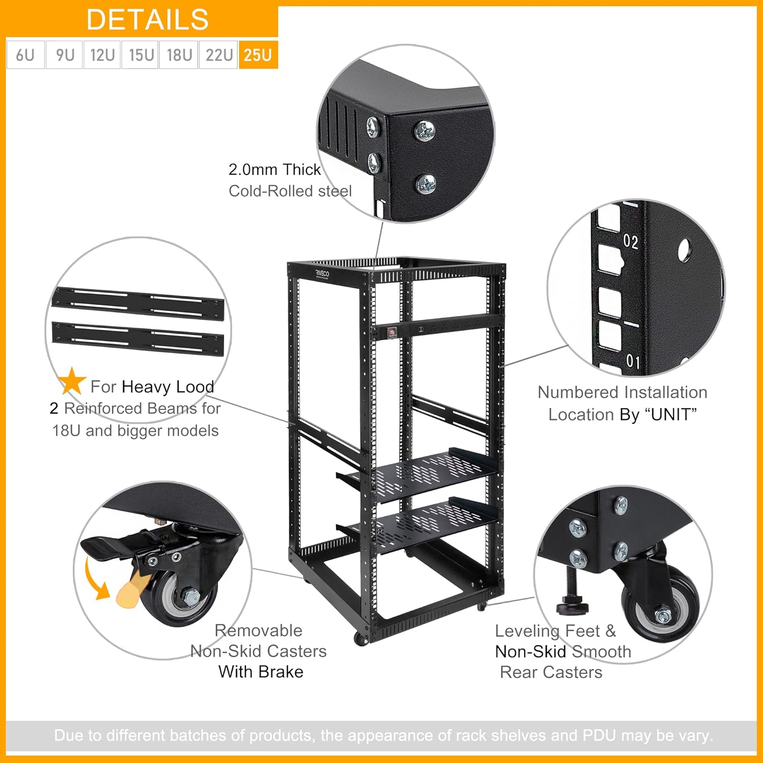 RIVECO 25U Open Frame Server Rack with Wheels + PDU (8 Outlets) Power Strip Surge Protector (2pcs Rack Shelves +1 PDU