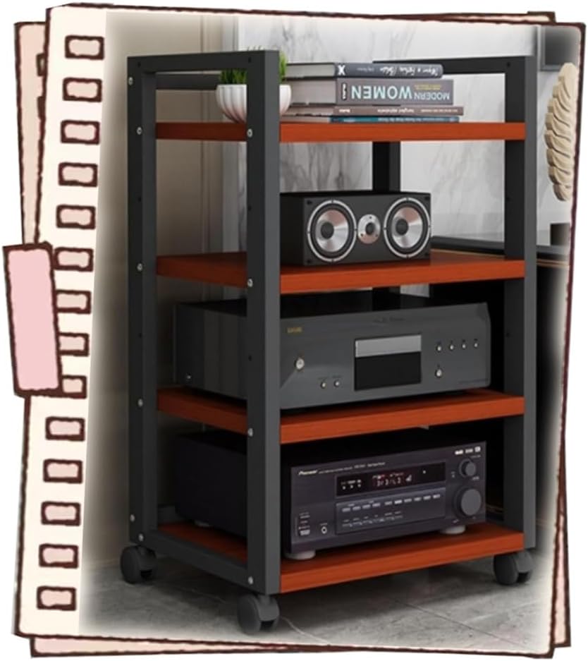NILZA Media Storage Shelves 4/5/6 Tier Audio Video Media Stand Cabinet Multi-Function Audio Stand Stereo Rack with Height Adjustable Wooden Shelf & Wheels(Teak