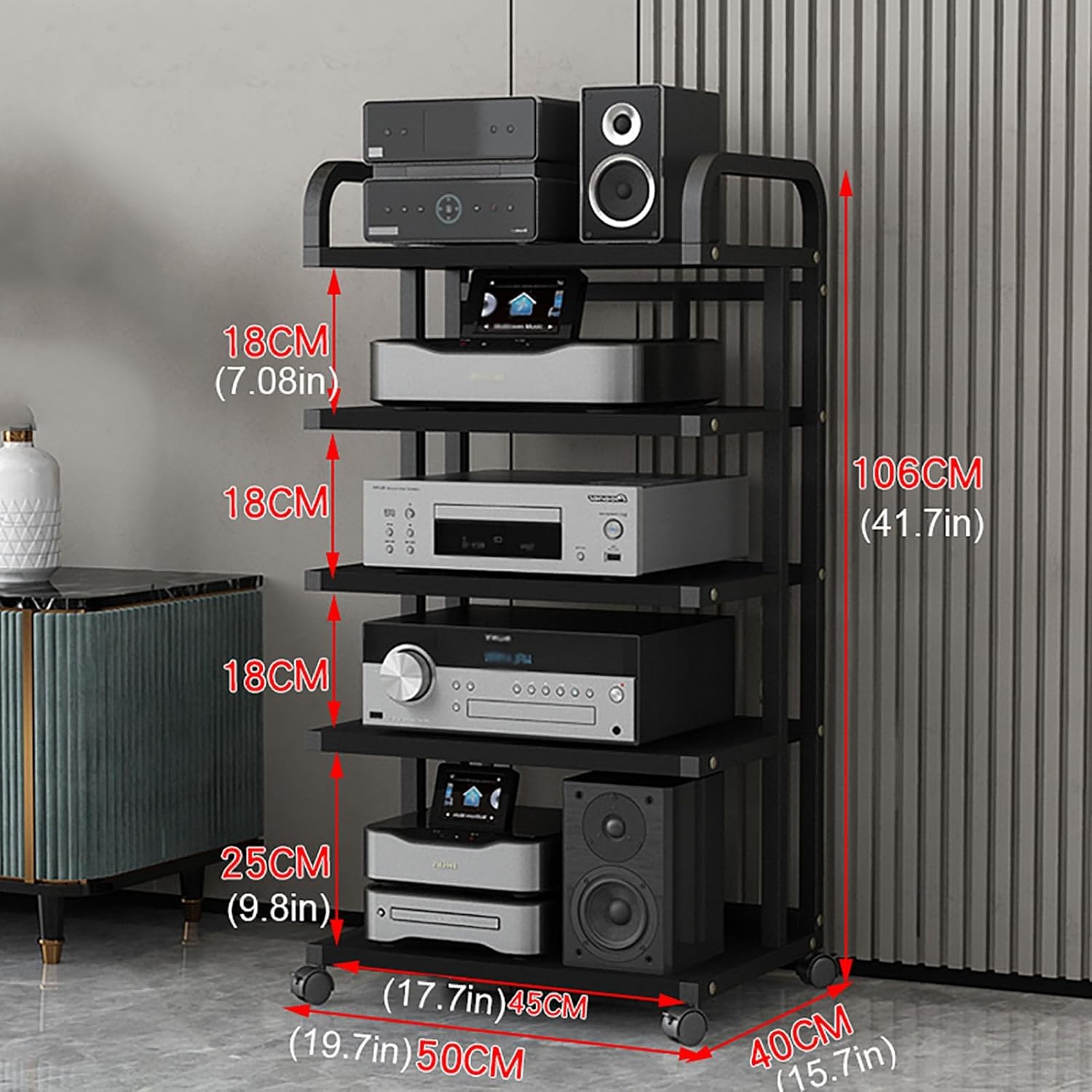 HOFSSI Movable 5 Tier Audio Stand Media Player Stand Open Storage Rack Floor-Standing Multi-Function Shelf Cabinet for Home/Office/Audio Video/DJ/Theater 3 Colours Available (Color : A)