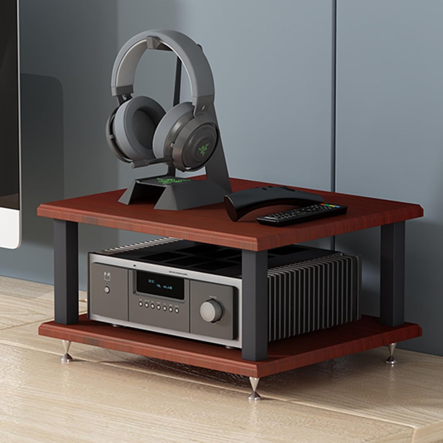 4-Tier AV Media Stand Corner Shelf Audio-Video Rack Stand Entertainment Video Game Console Cabinet Shelf Display Record Player Stereo Receiver for Living Gaming Recording Room(Teak